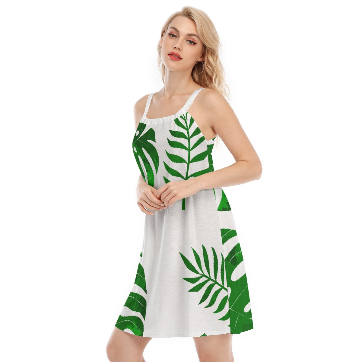 White with Monstera Leaves Sleeveless Cami Dress