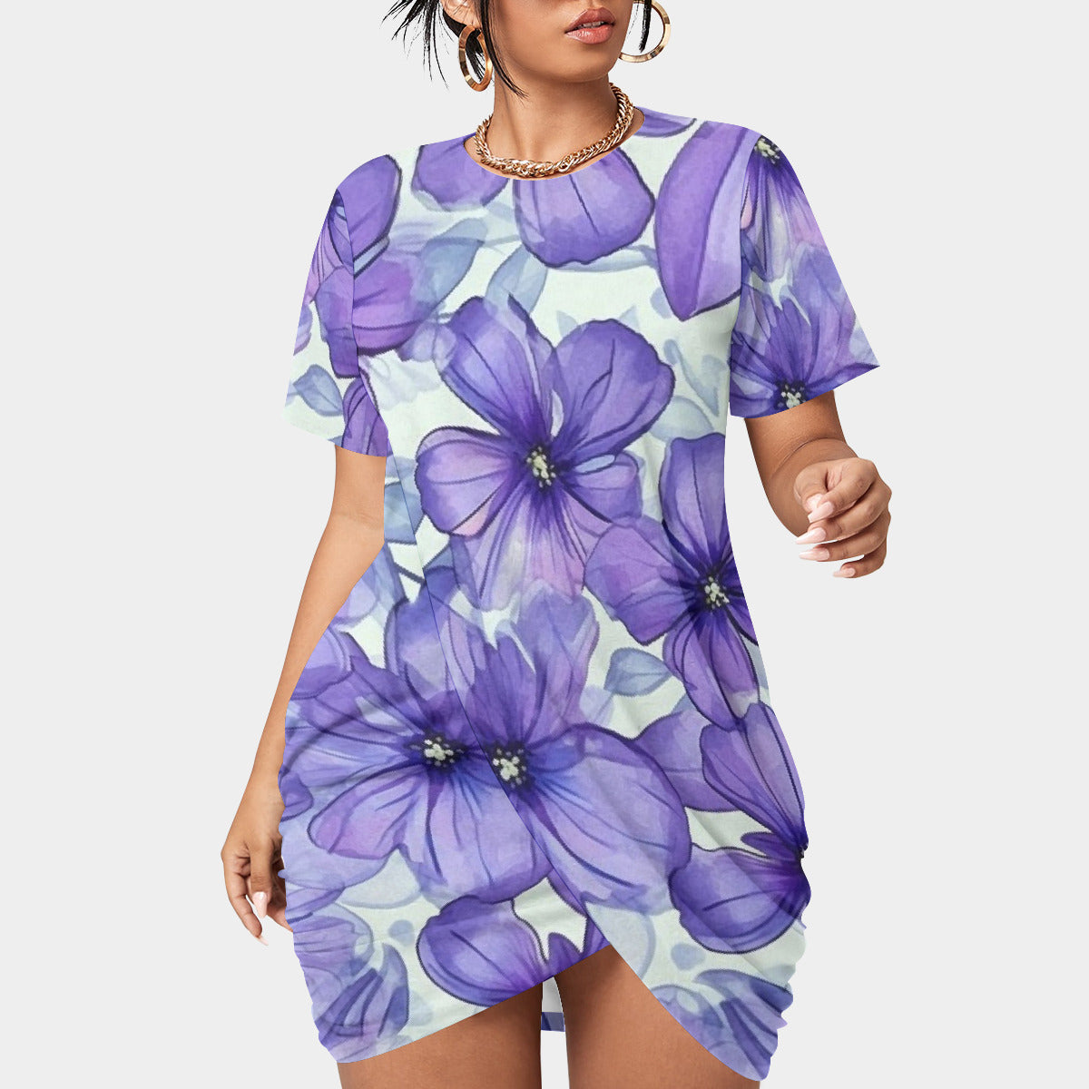 Plus Size Purple Floral Stacked Hem Dress - Classic Round Neck & Short Sleeve Style