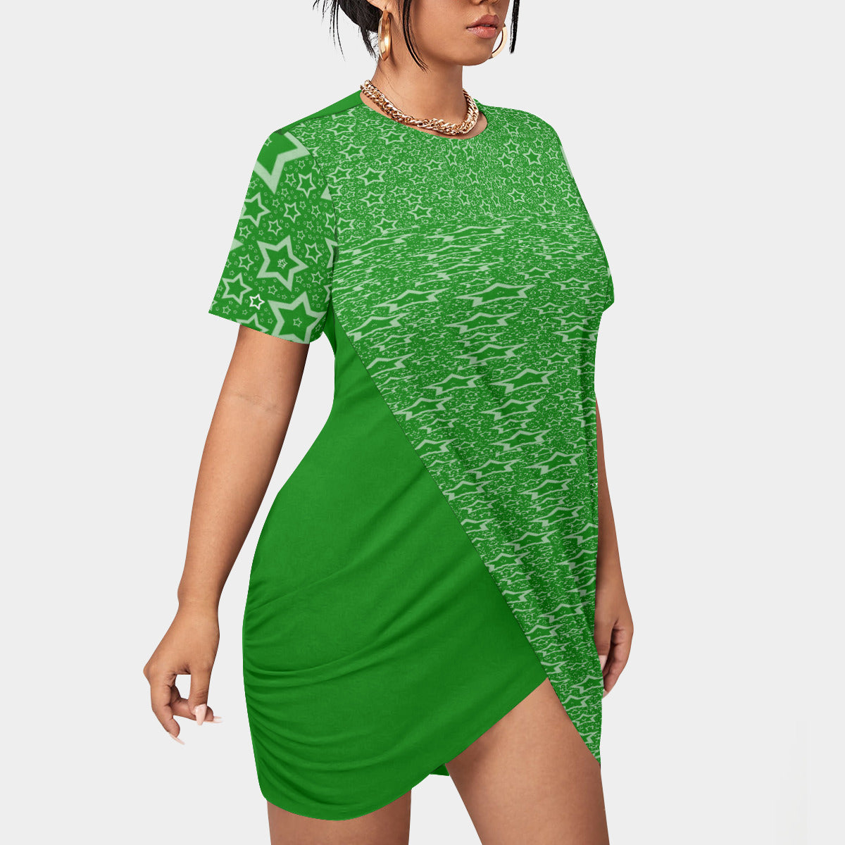 Green Stacked Hem Dress With Short Sleeve（Plus Size）