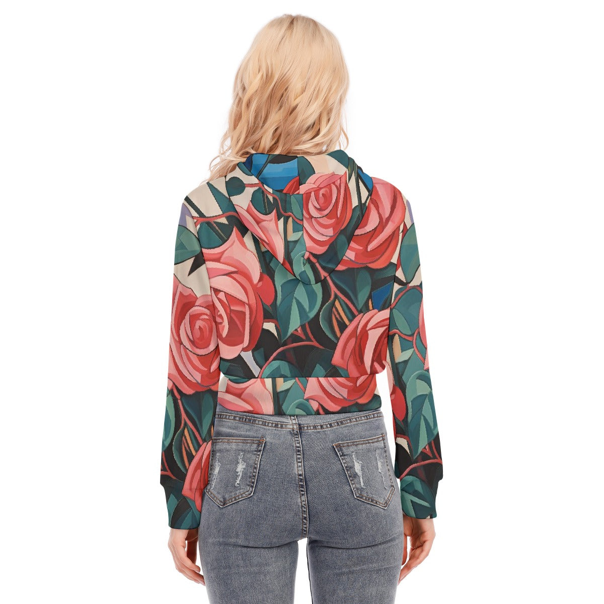 Multi-Colored Floral Crop Top Hoodie With Zipper Closure