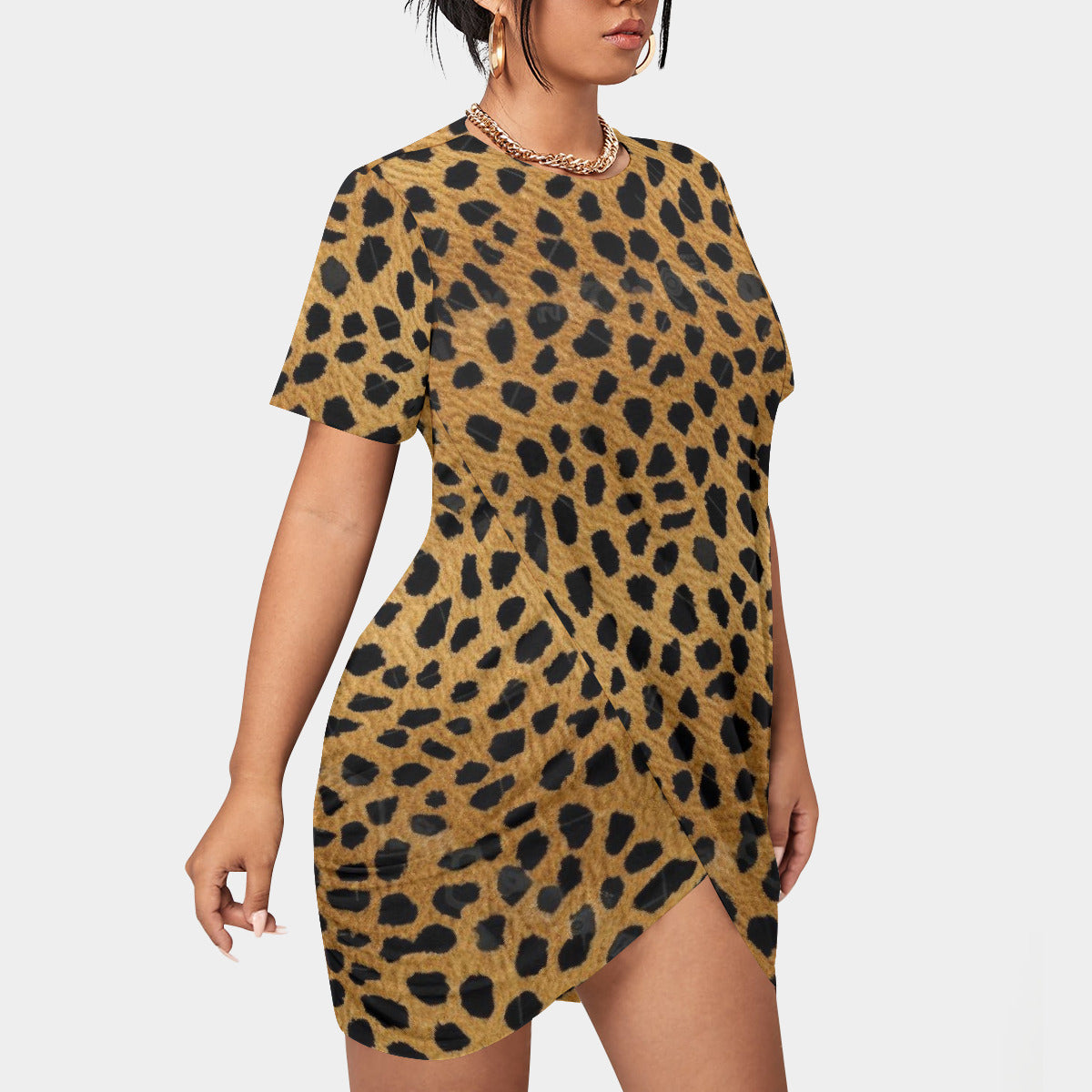 Bold Cheetah Print Stacked Hem Dress - Short Sleeve Style in Plus Size