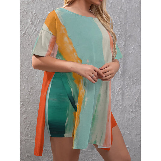 Green Yellow Orange Watercolor Drop-Shoulder Shirt with Side Split and Shorts (Plus Size)