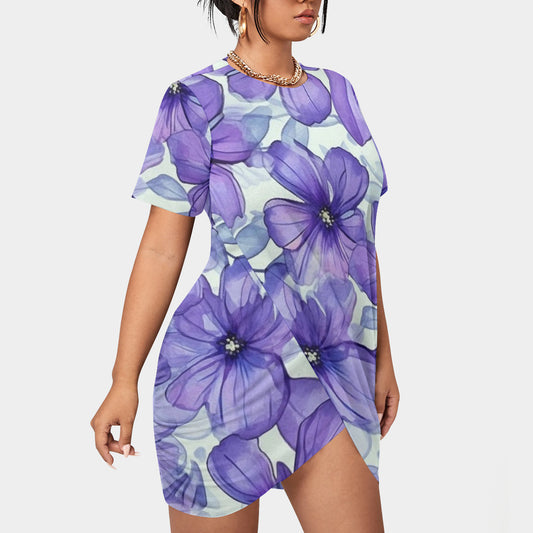 Plus Size Purple Floral Stacked Hem Dress - Classic Round Neck & Short Sleeve Style