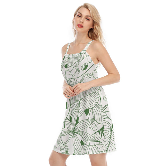 White & Green Leaf Print Sleeveless Cami Dress