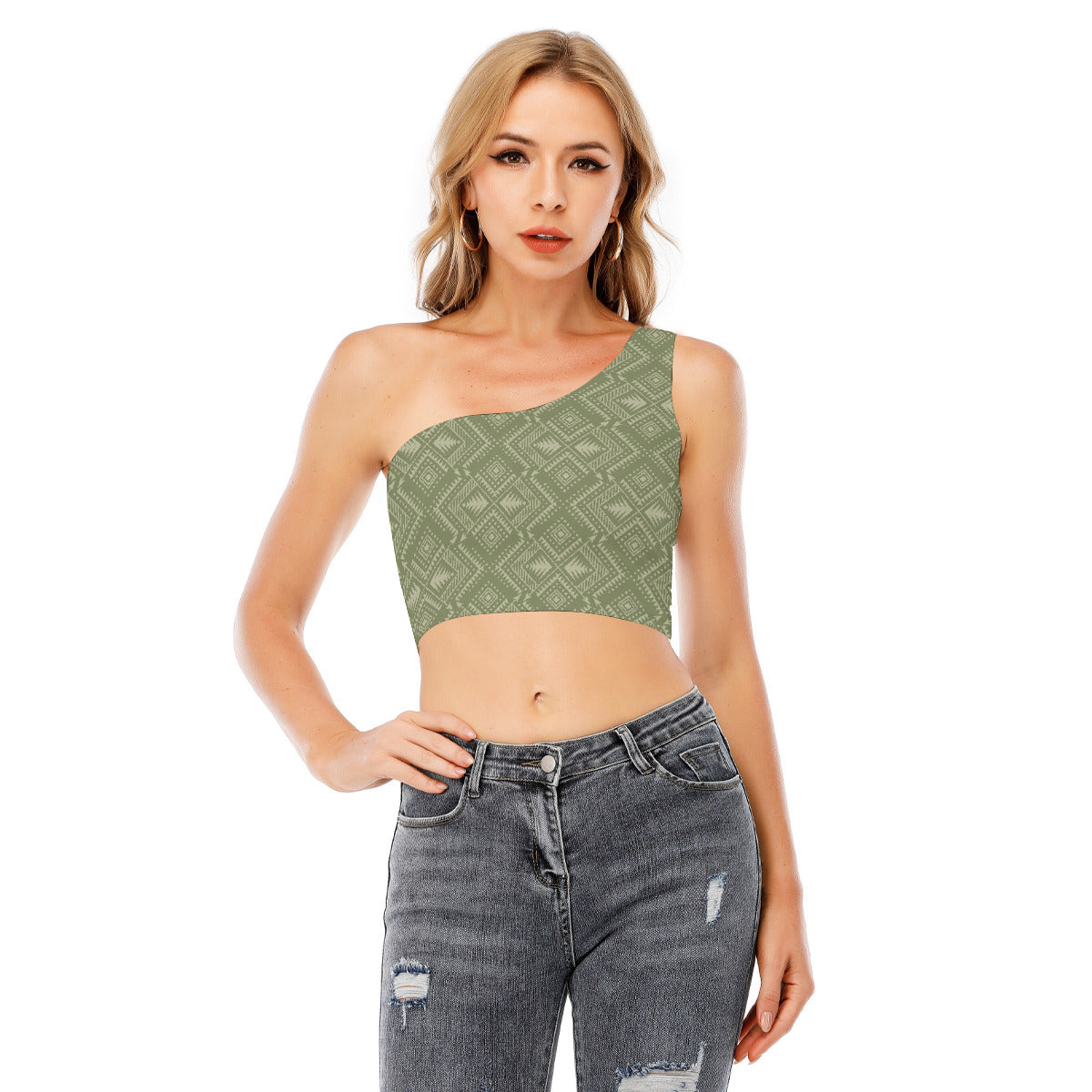 Green Geometric Pattern One-Shoulder Cropped Top