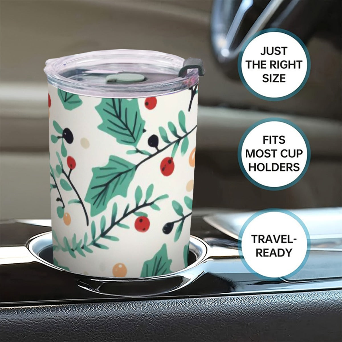 Holiday Berry & Leaf 20oz Tumbler | Insulated Stainless Steel Travel Mug, Festive Drinkware Gift
