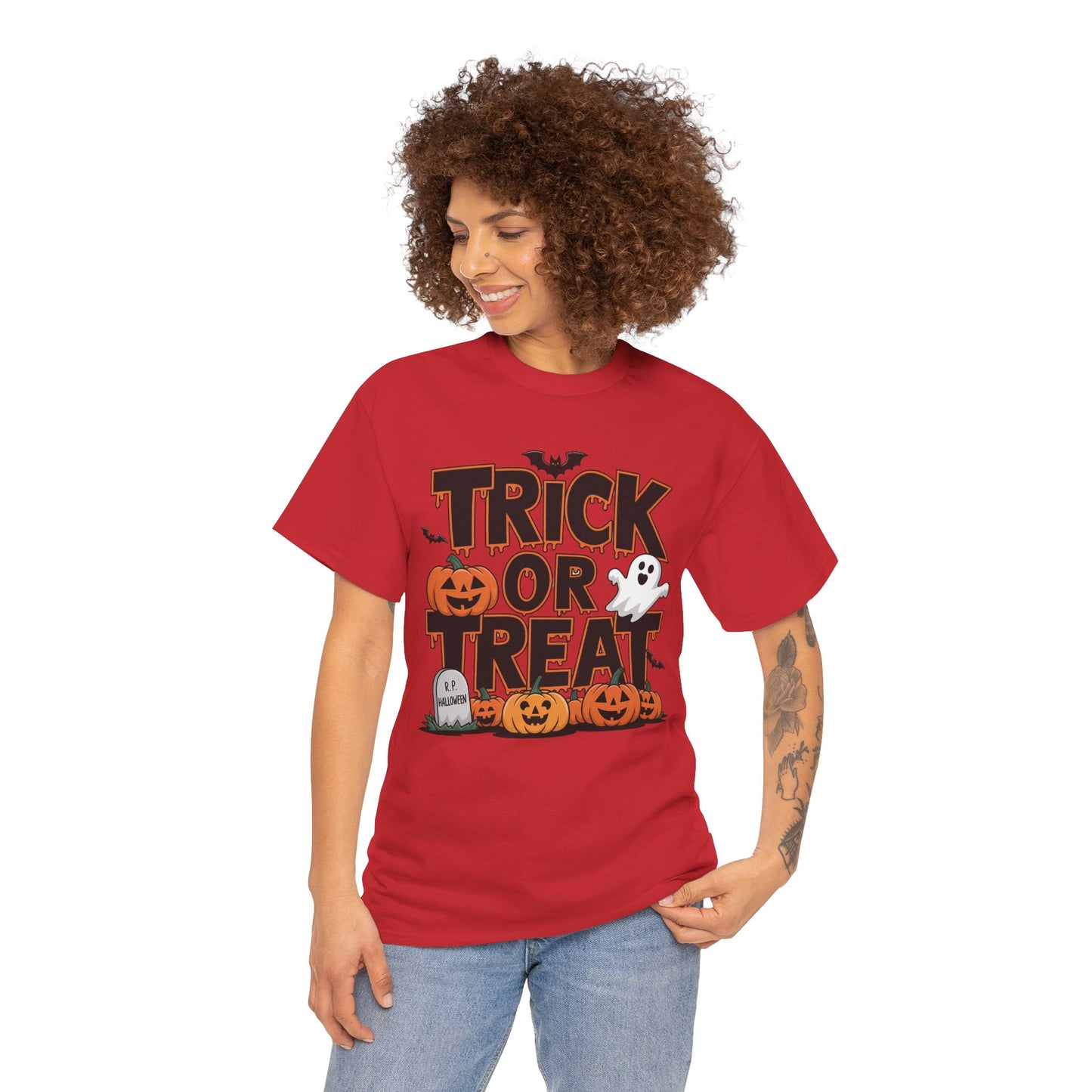 Women Halloween T-Shirt - Trick or Treat Graphic Tee, Spooky Shirt, Fall Fashion, Halloween Party Top, Ghost and Pumpkin Design