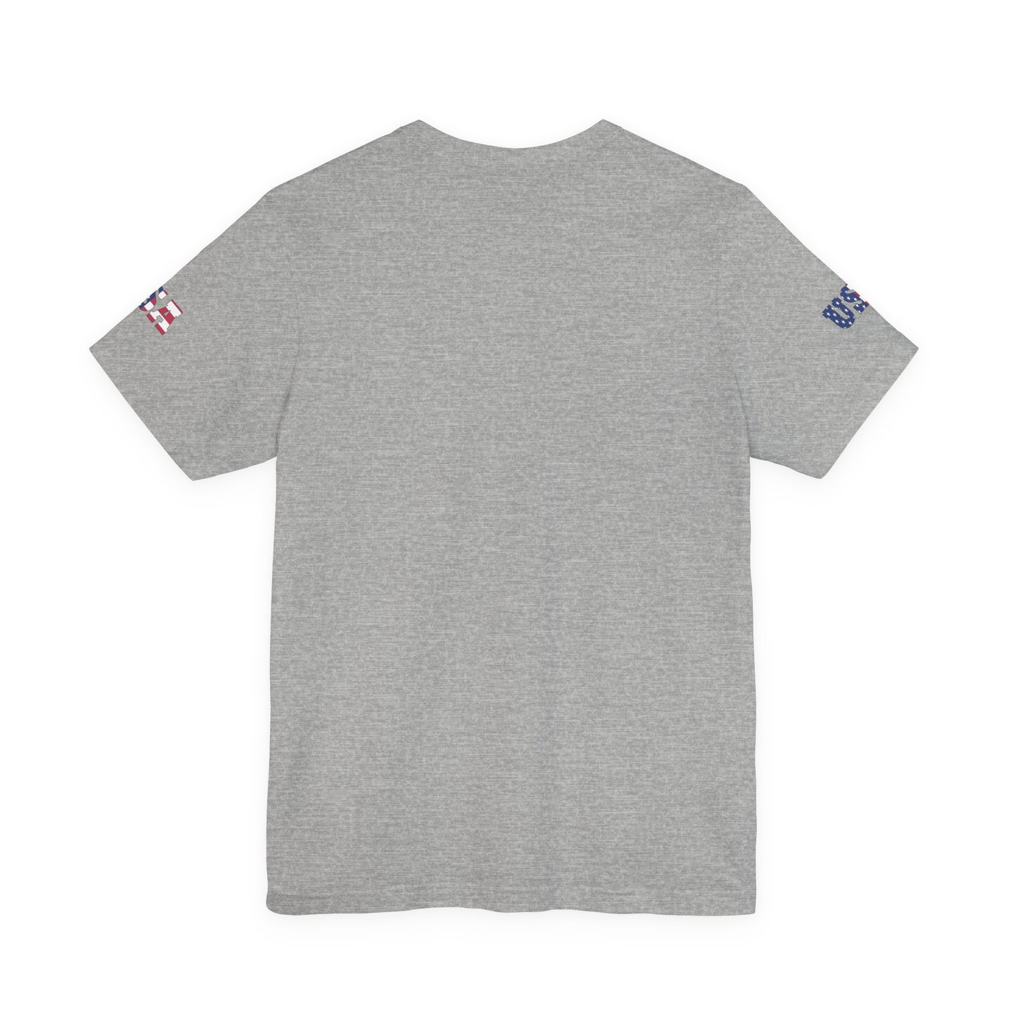 Gray t-shirt with small logos on the back against a white background