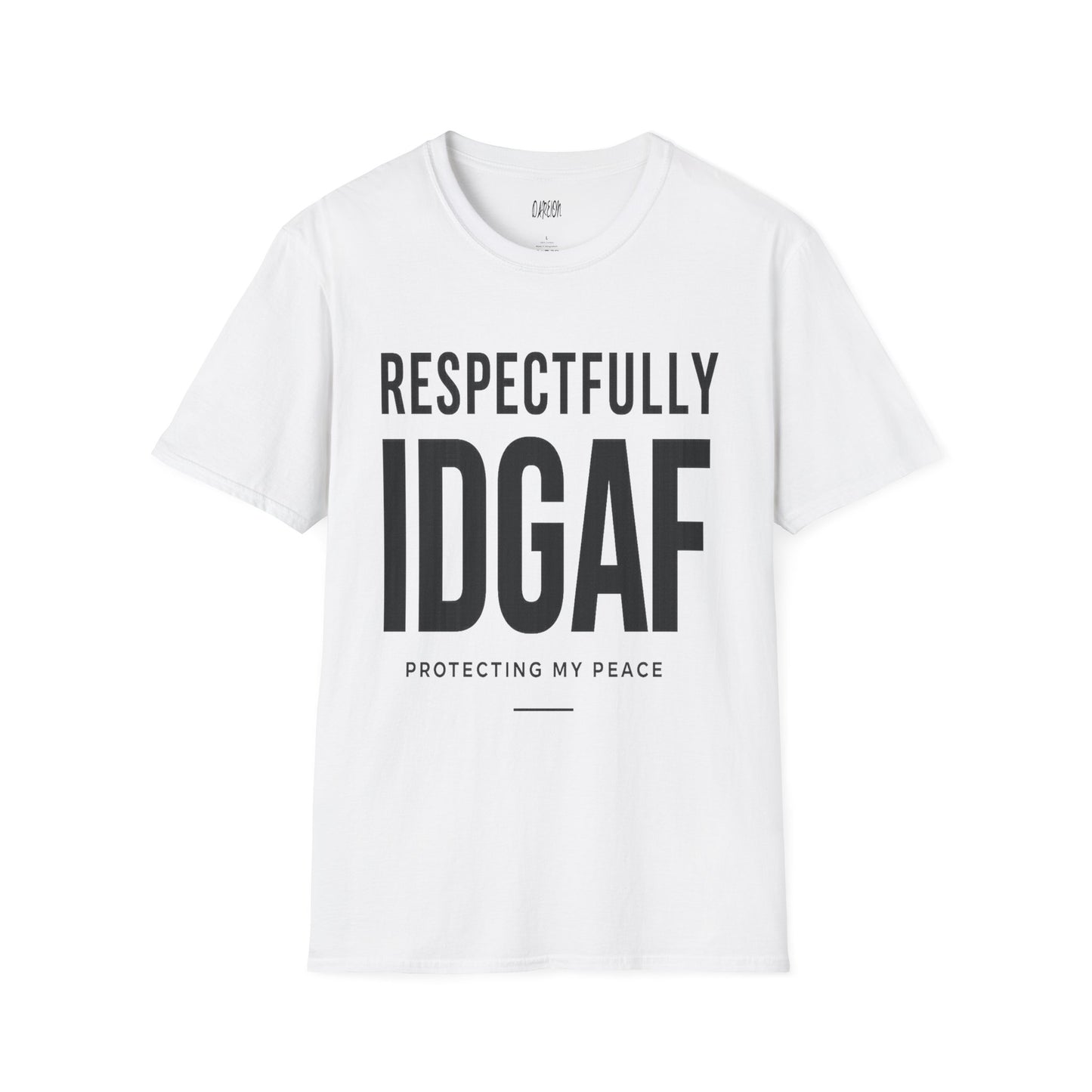 White t-shirt with black text on a white background