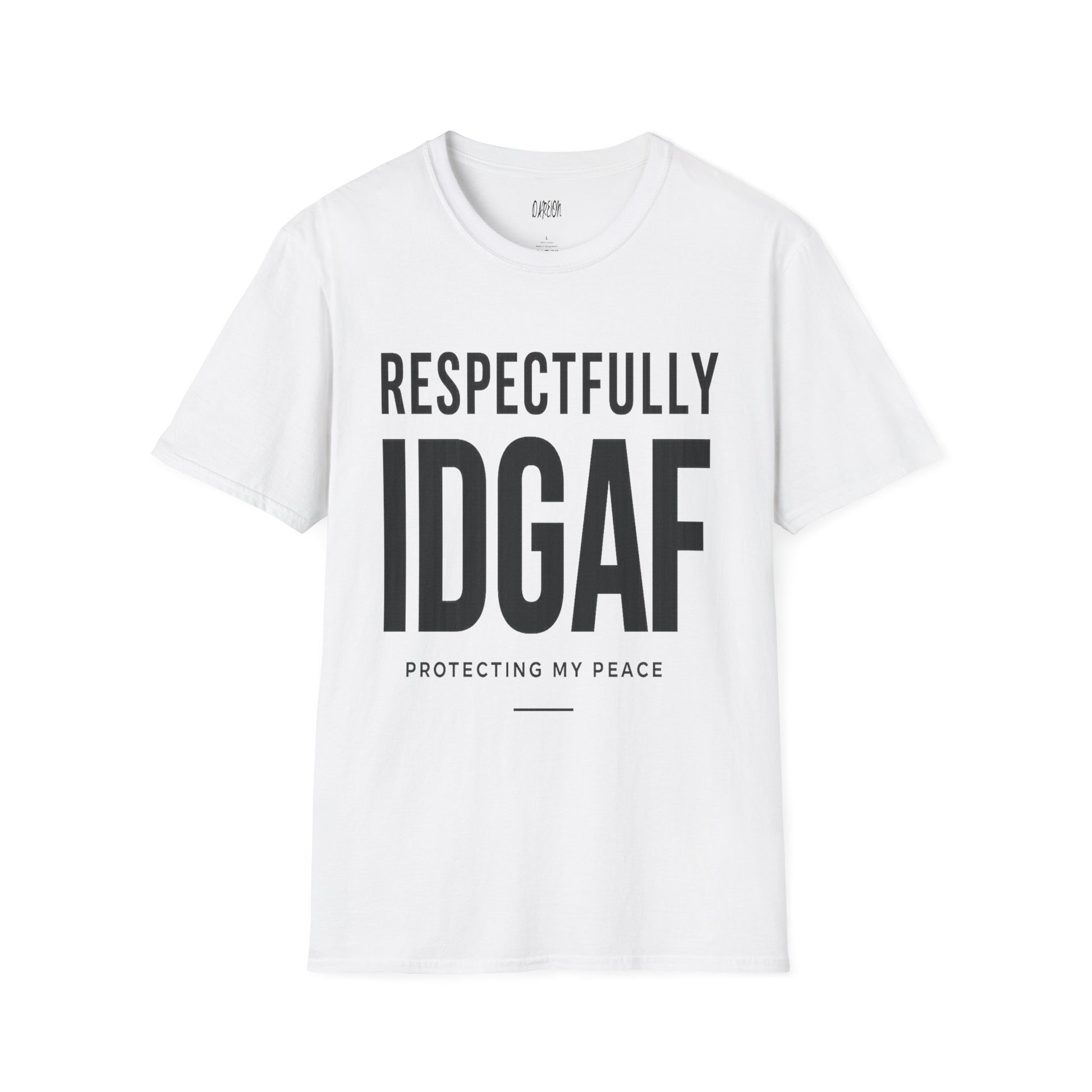 White t-shirt with black text on a white background