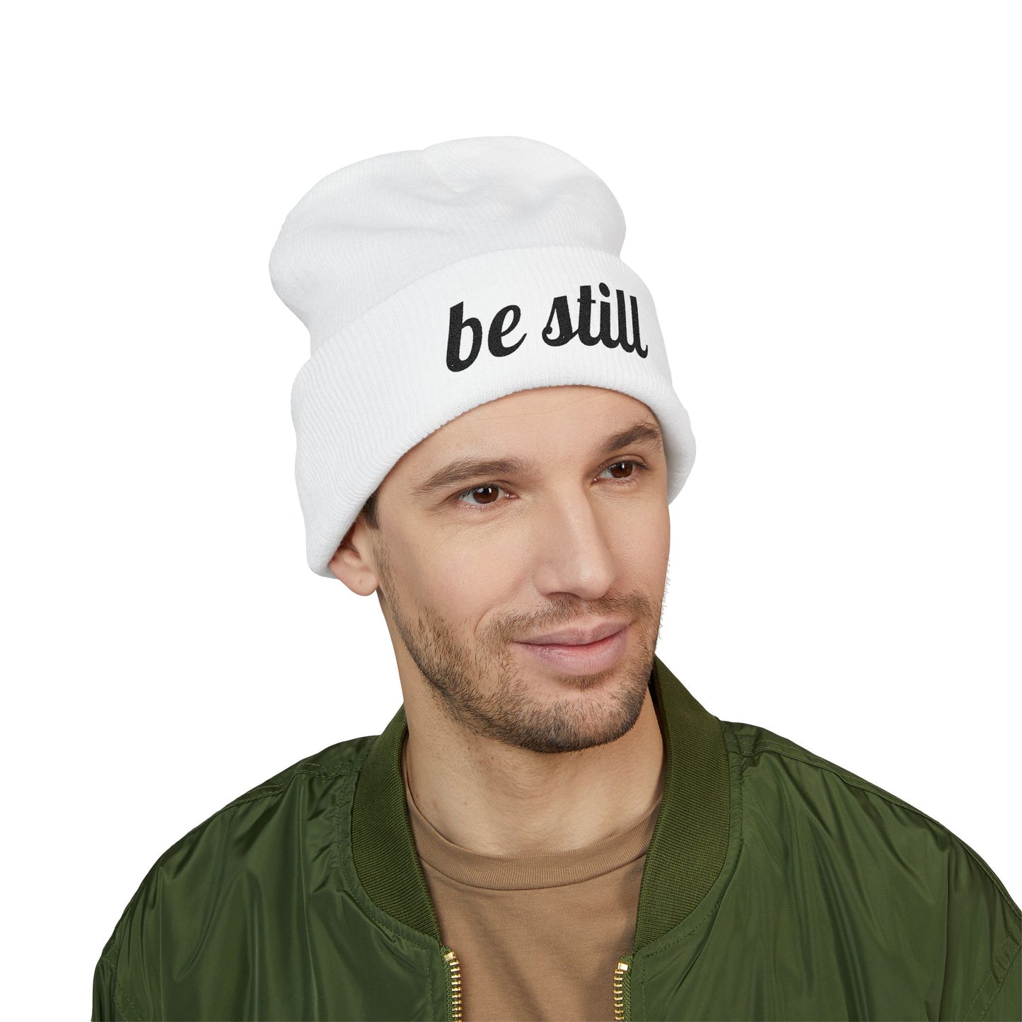 Be Still Embroidered Beanie – Minimalist Faith-Inspired Cuffed Knit Hat for Women & Men