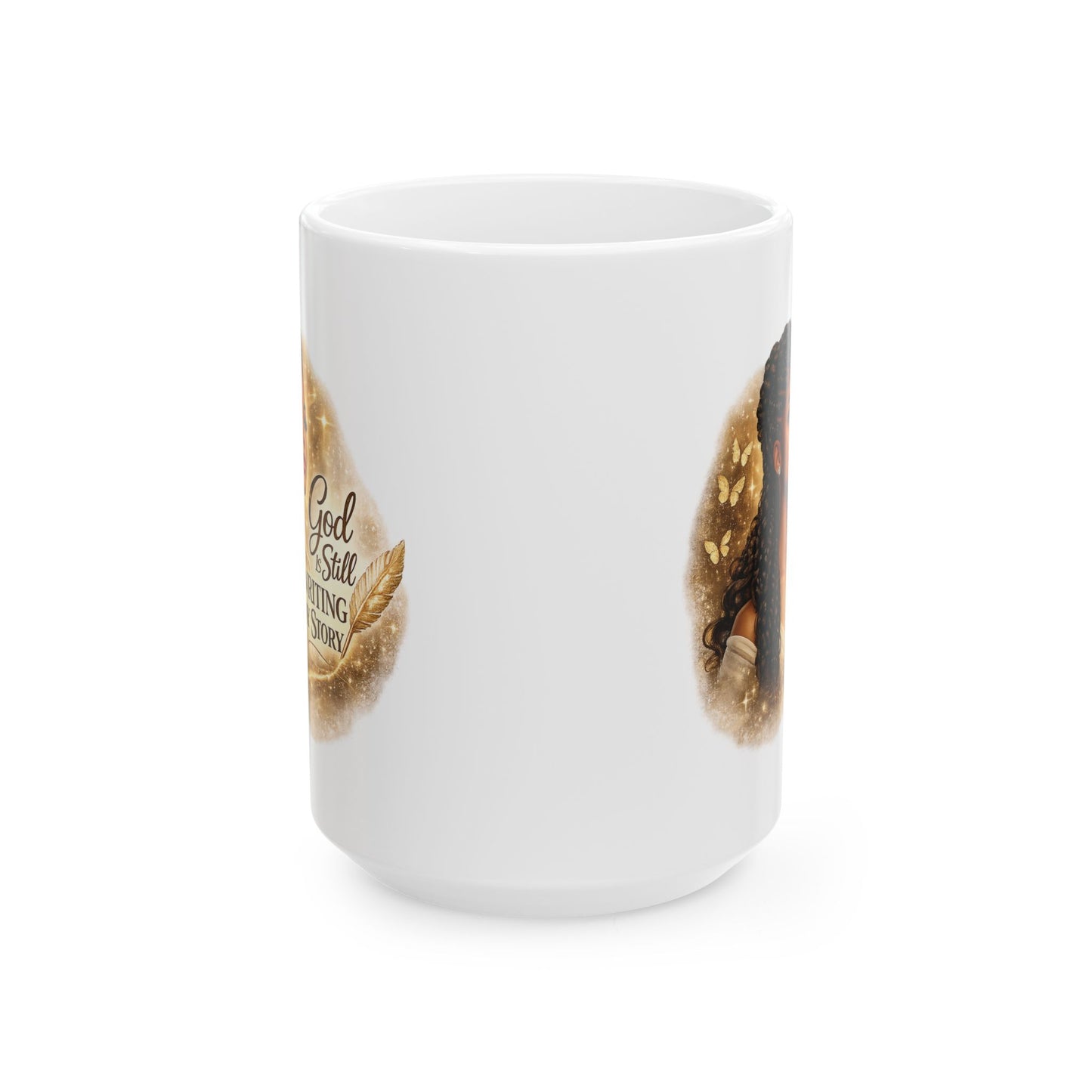 White mug with a design of a cat and text on a white background