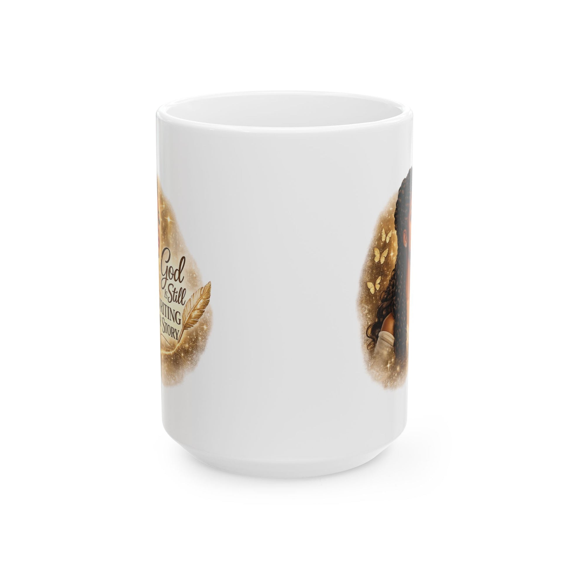 White mug with a design of a cat and text on a white background