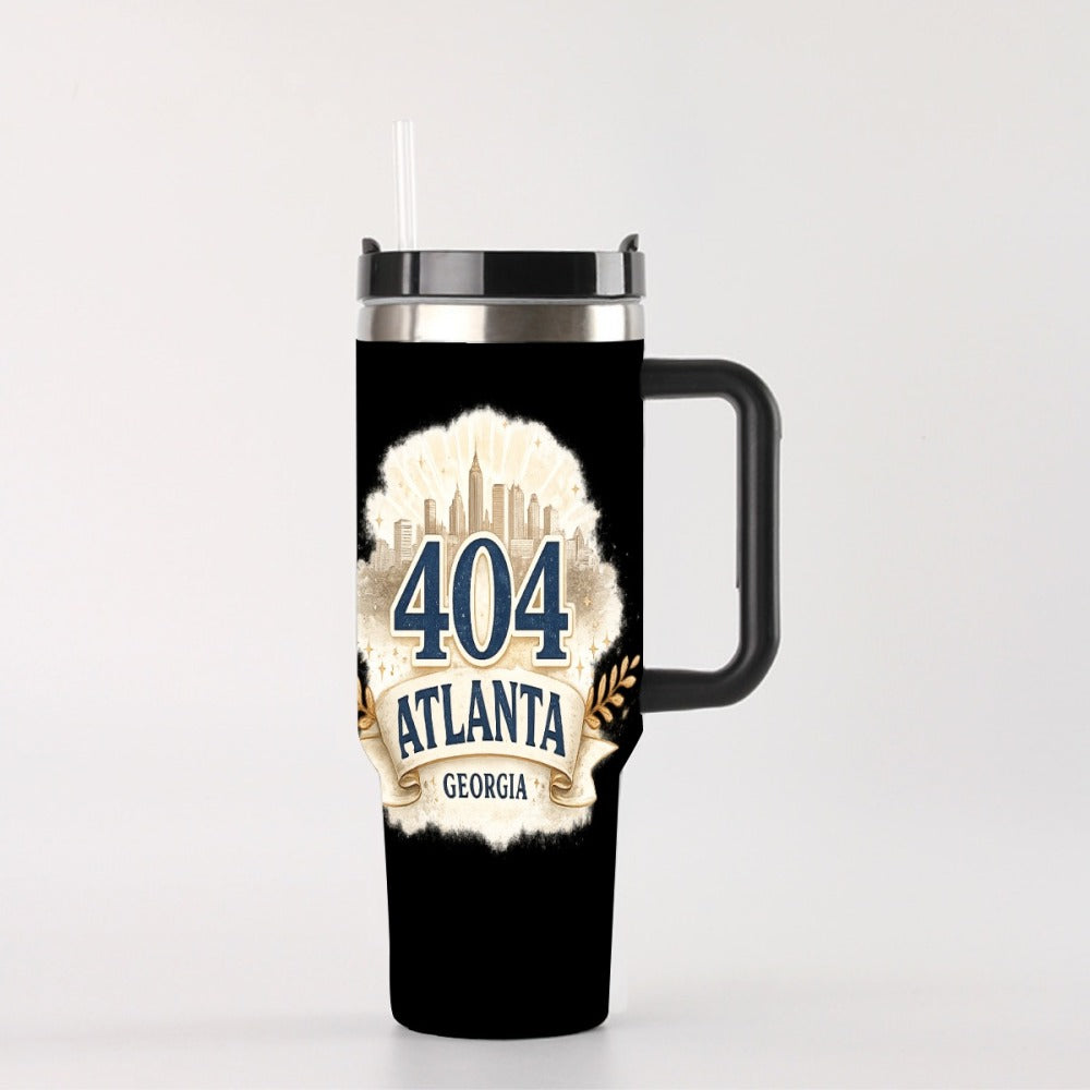 404 Atlanta GA Black 40oz Insulated Travel Tumbler with Handle | Stainless Steel Hometown Mug