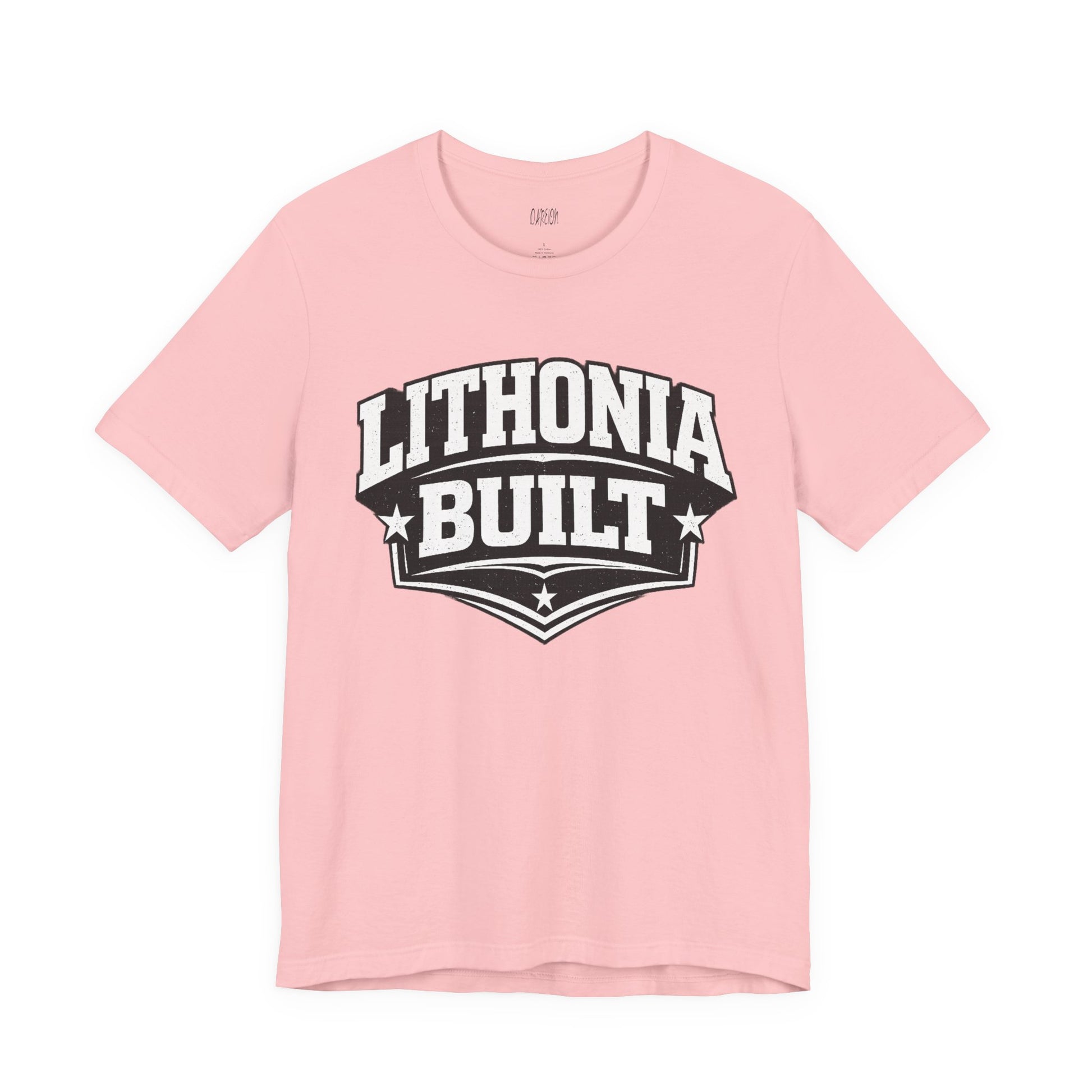 Pink t-shirt with 'Lithonia Built' text on a white background