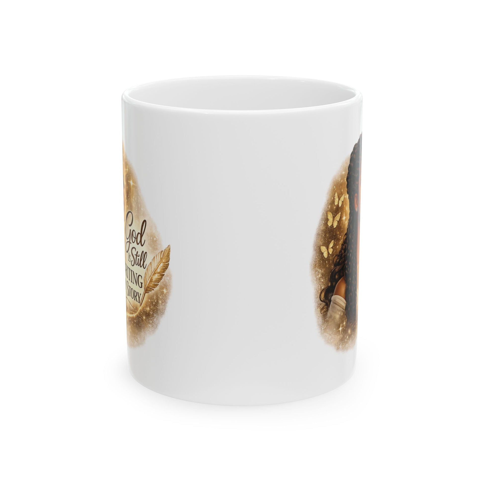 White mug with a design of a person with long hair and text on a white background