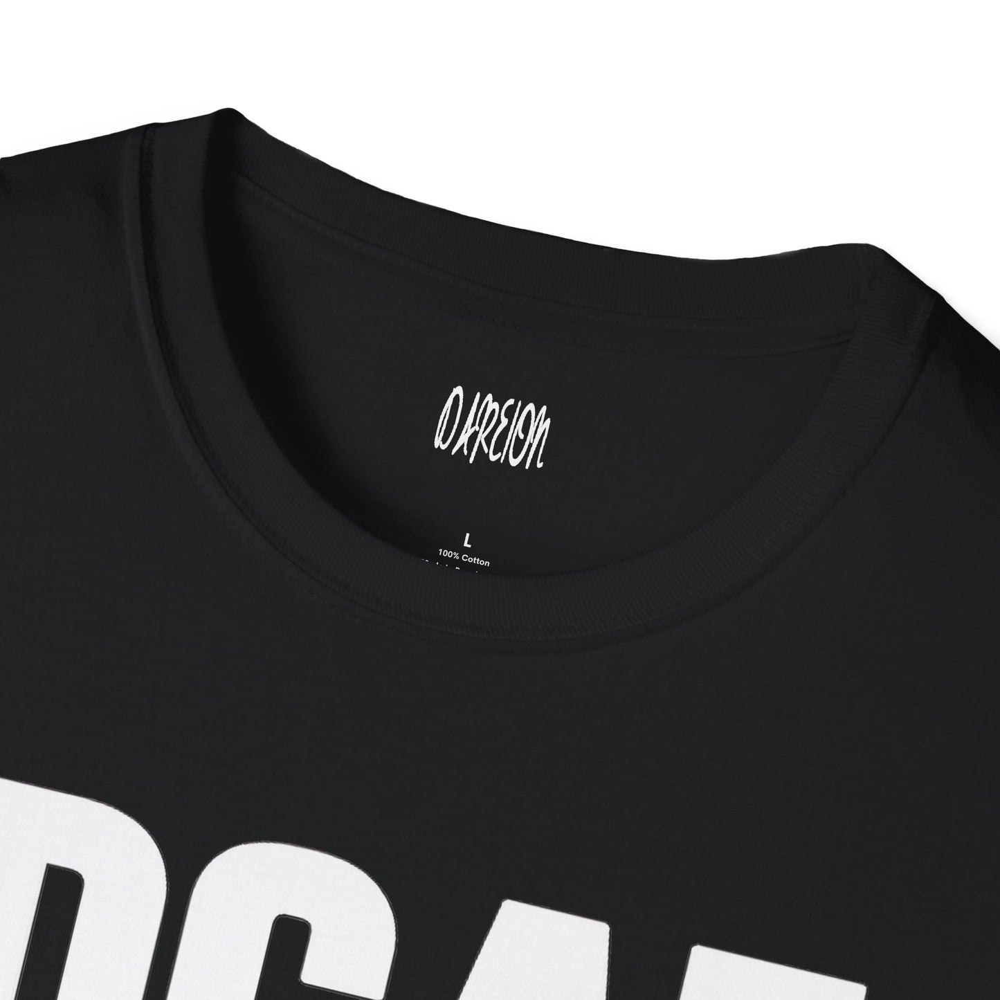 Black t-shirt with white text and a brand logo on a white background