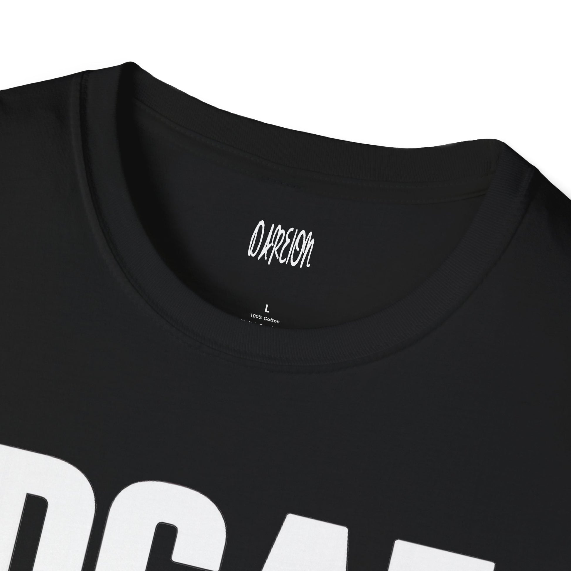 Black t-shirt with white text and a brand logo on a white background