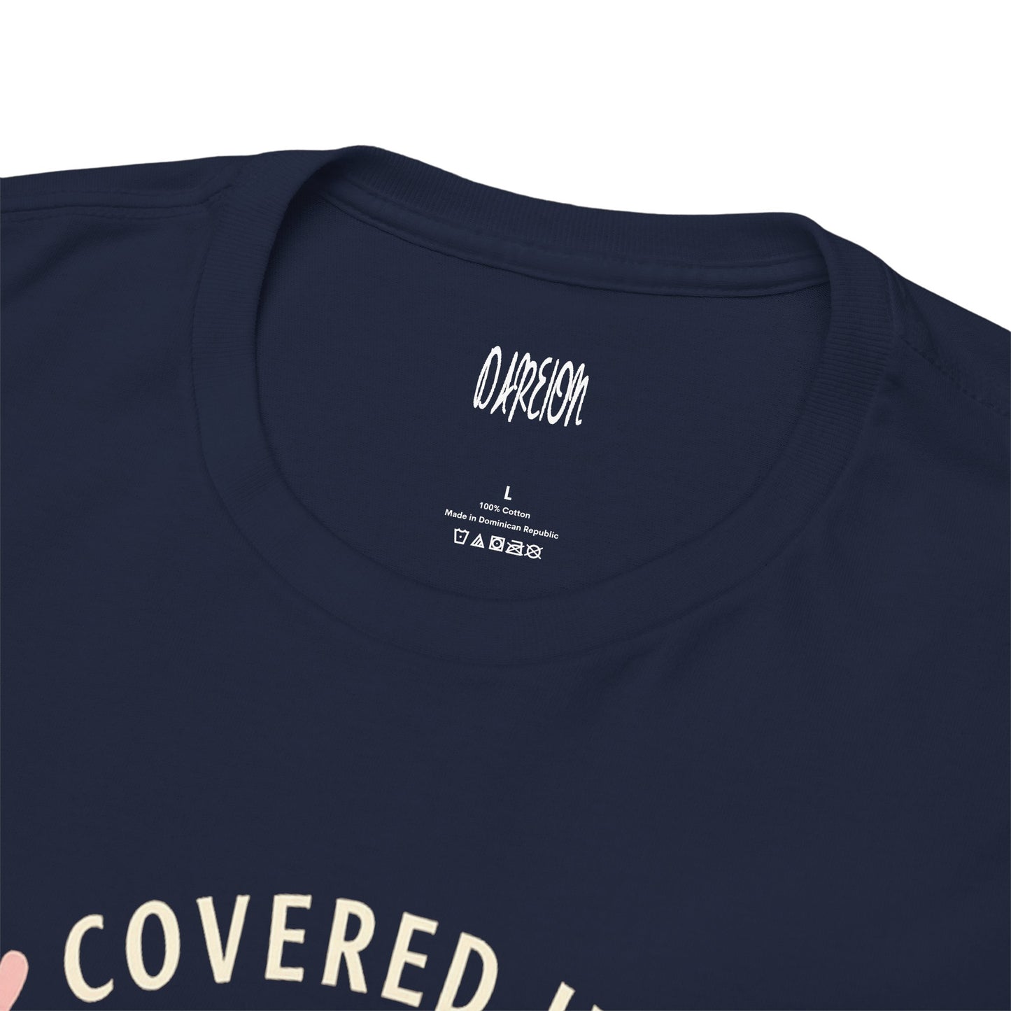 Navy blue t-shirt with 'OREION' branding on the collar and 'COVERED' text on a white background.