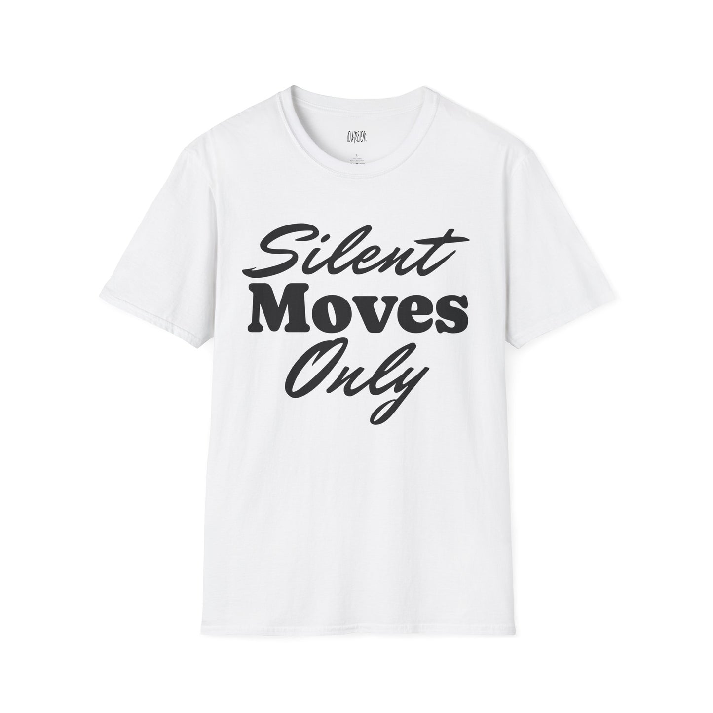 White t-shirt with 'Silent Moves Only' text on a white background