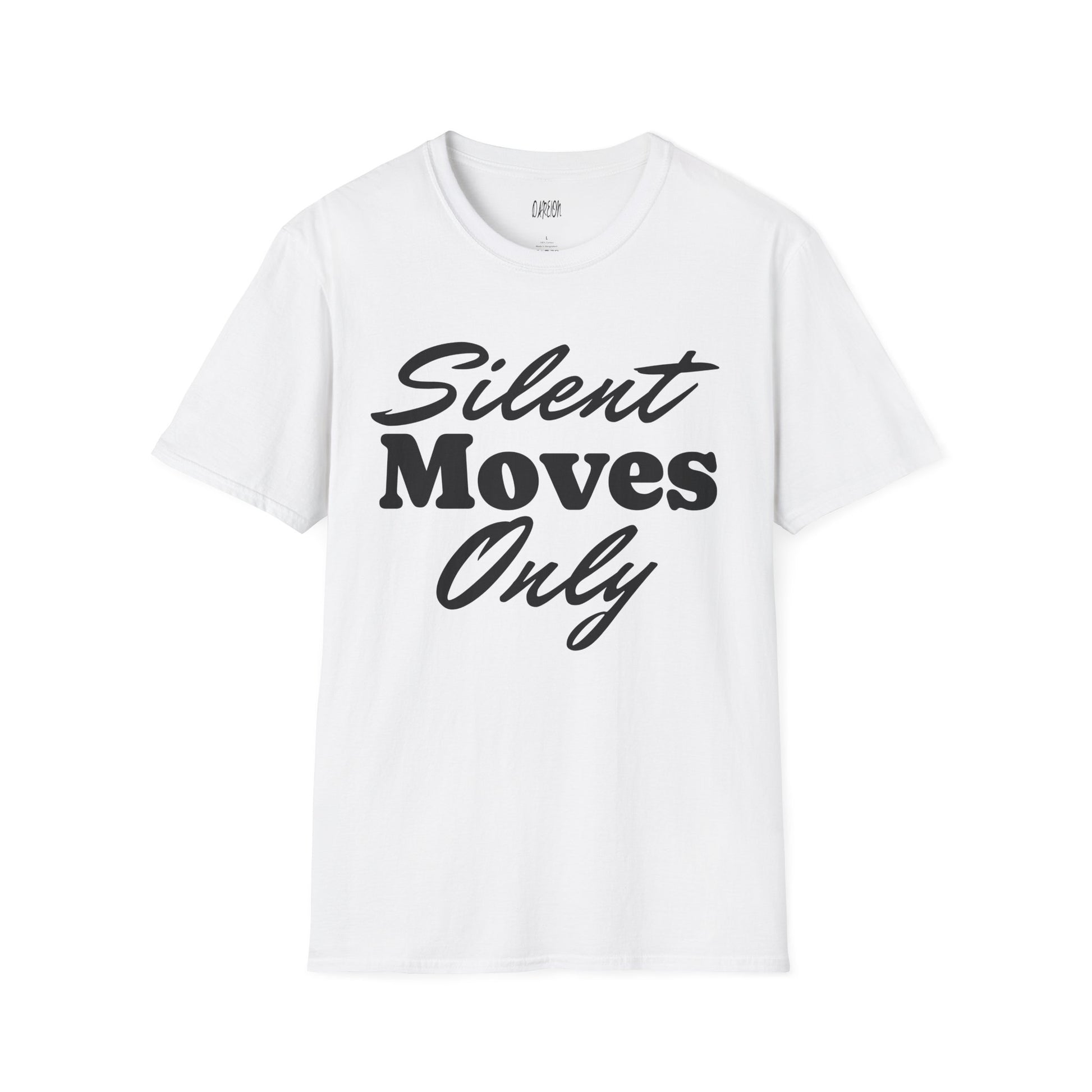 White t-shirt with 'Silent Moves Only' text on a white background