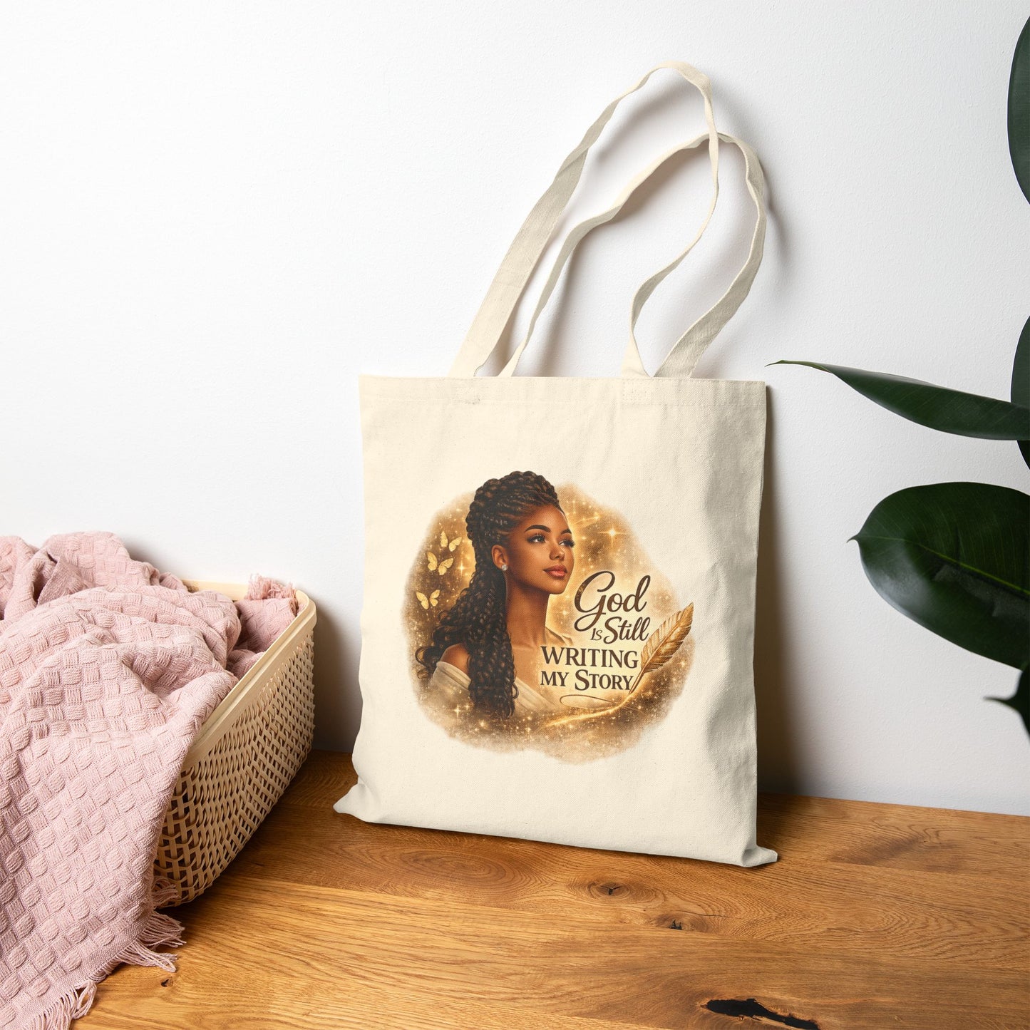 Christian Canvas Tote Bag – “God Is Still Writing My Story” Inspirational Faith Tote Carry Bag