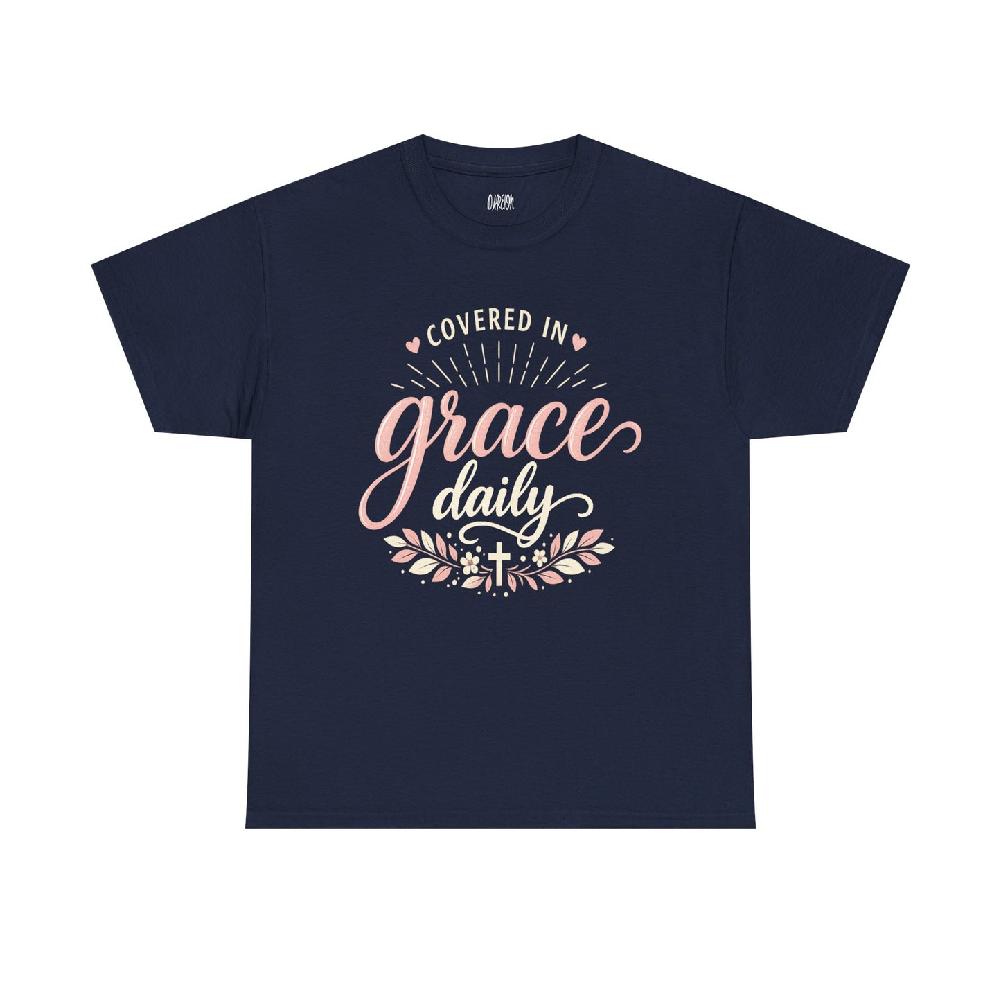 Blue t-shirt with a cartoon cat and dog design on a white background