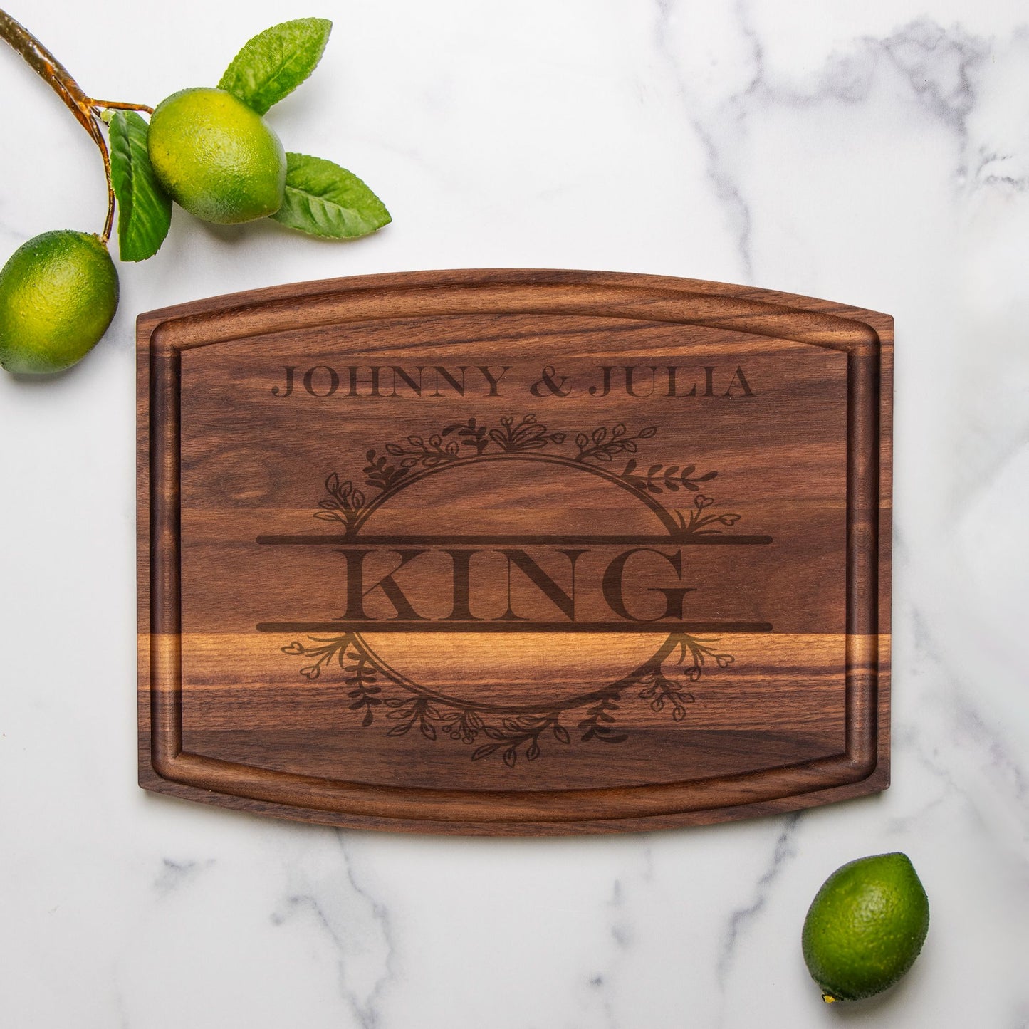 Personalized Monogram Arched Wood Cutting Board with Groove - 12" x 9"