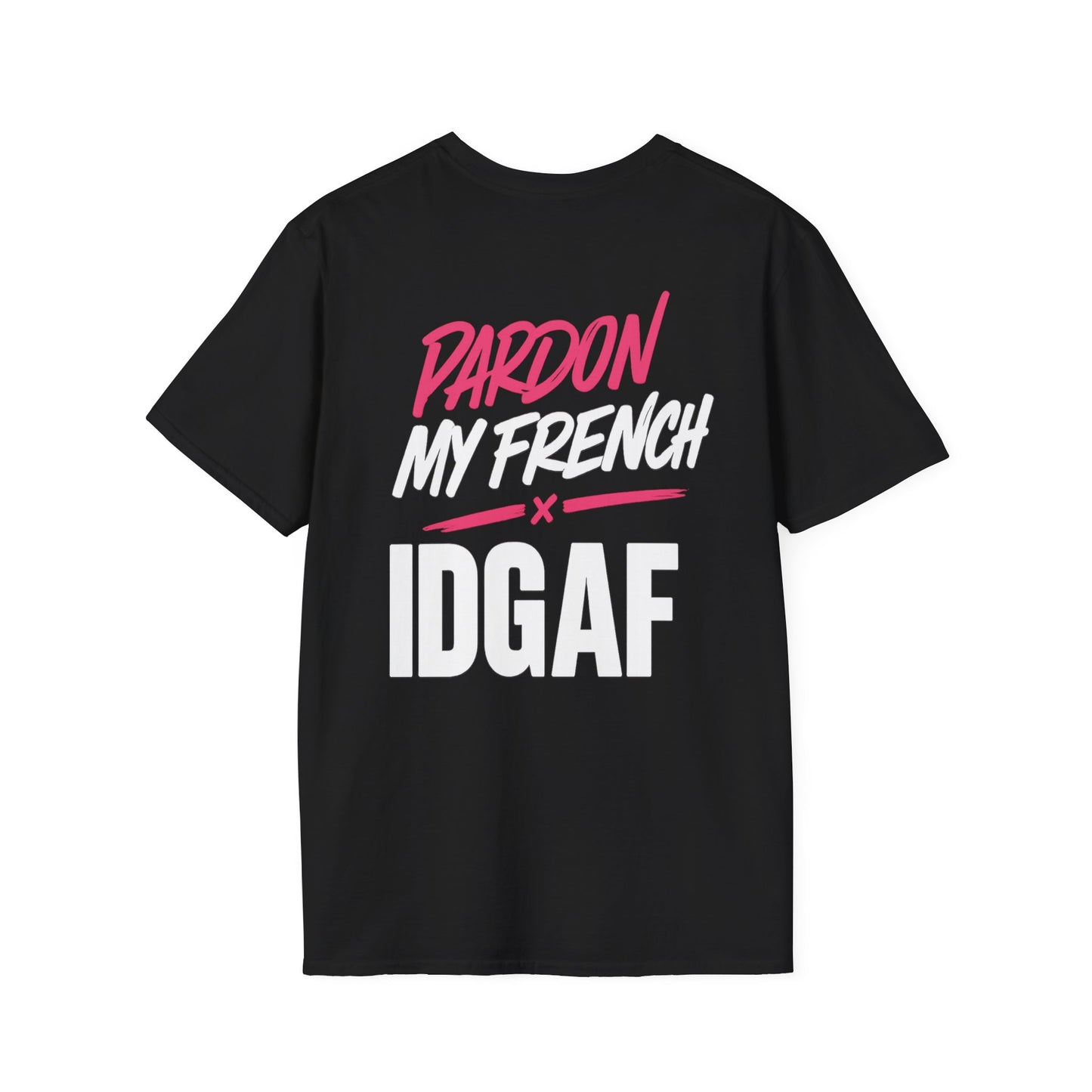 Black t-shirt with pink and white text on a white background