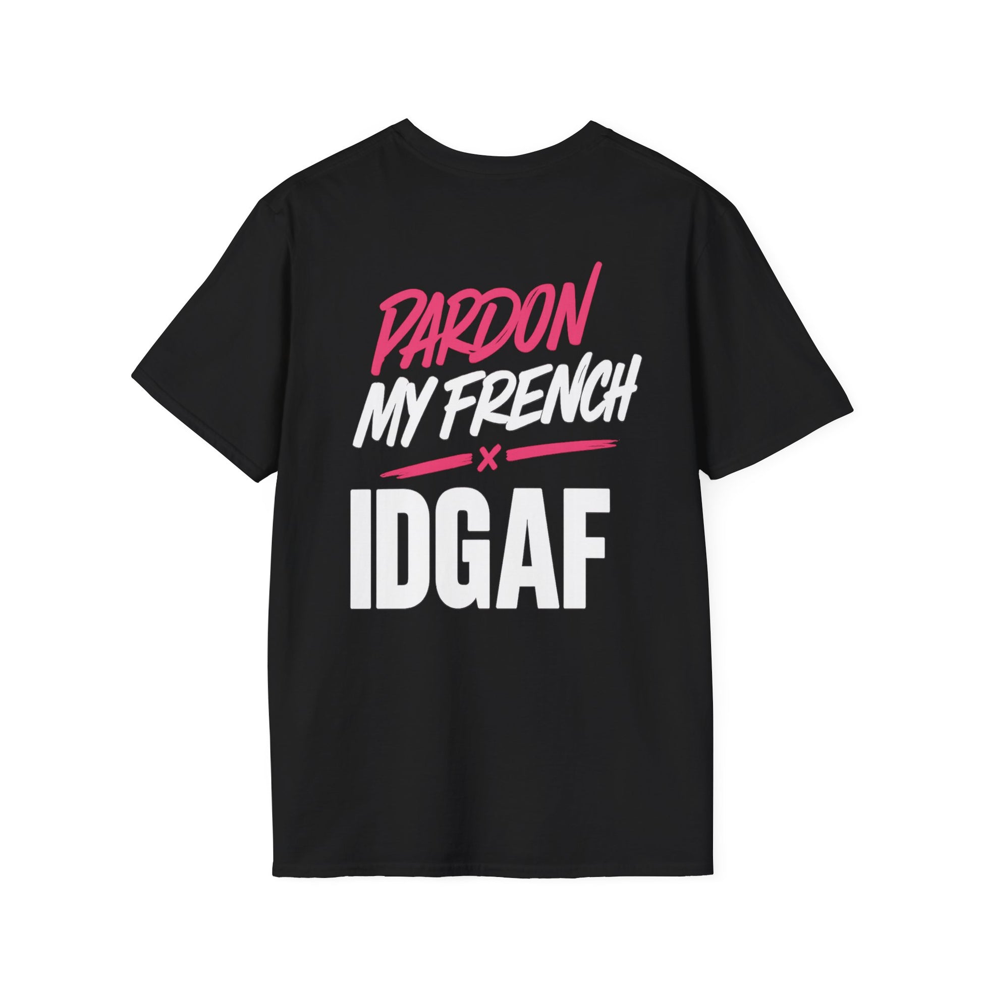 Black t-shirt with pink and white text on a white background