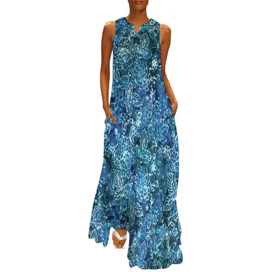 Blue Floral Sleeveless Long Dress
