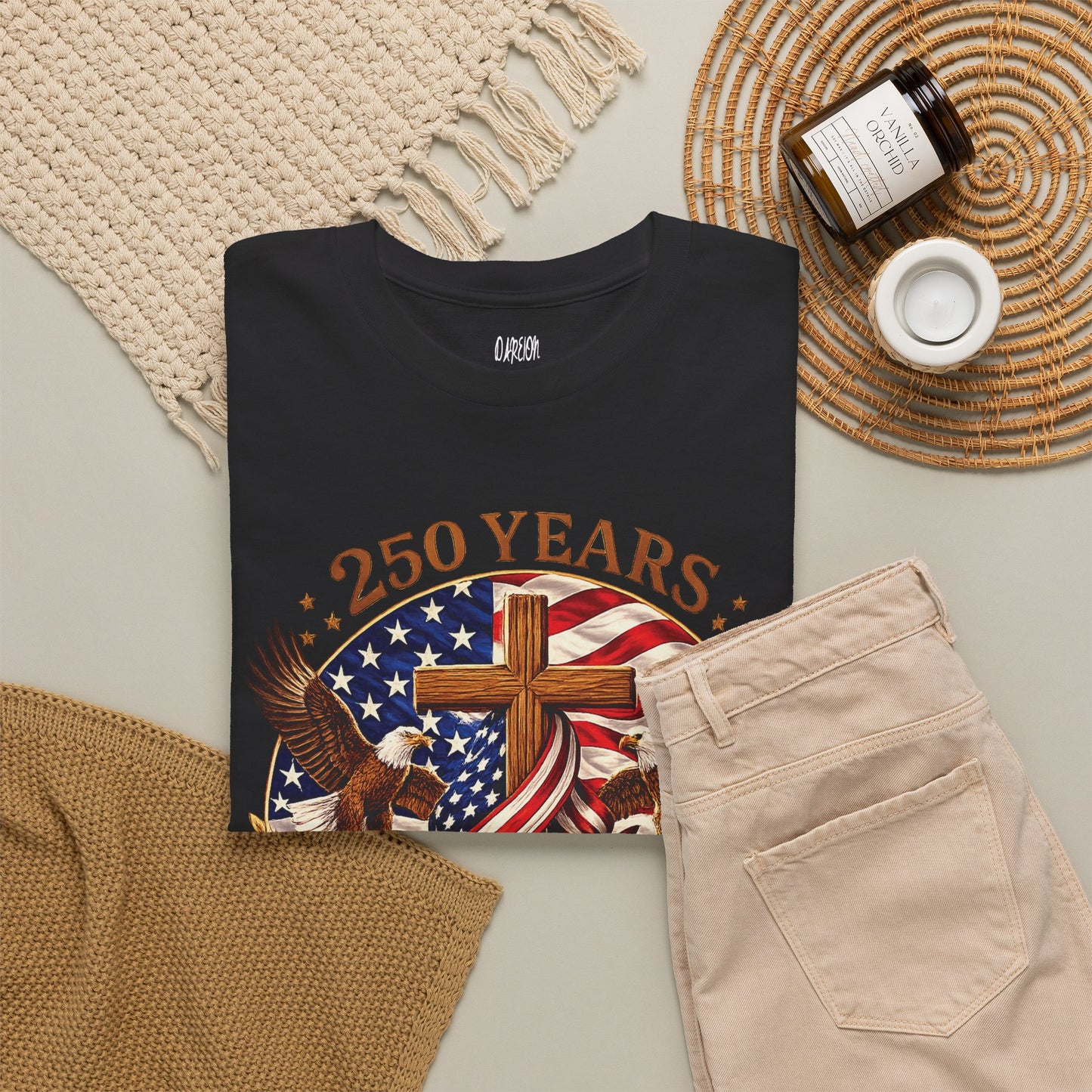 250 Years of Faith and Freedom patriotic Christian t-shirt featuring American flag, cross, bald eagles, and 1776-2026 anniversary design