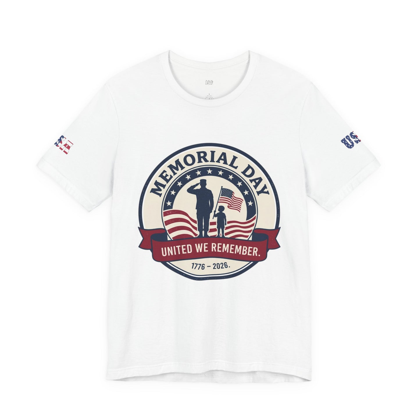 White t-shirt with Memorial Day design featuring a silhouette of a soldier and child, American flag, and text.