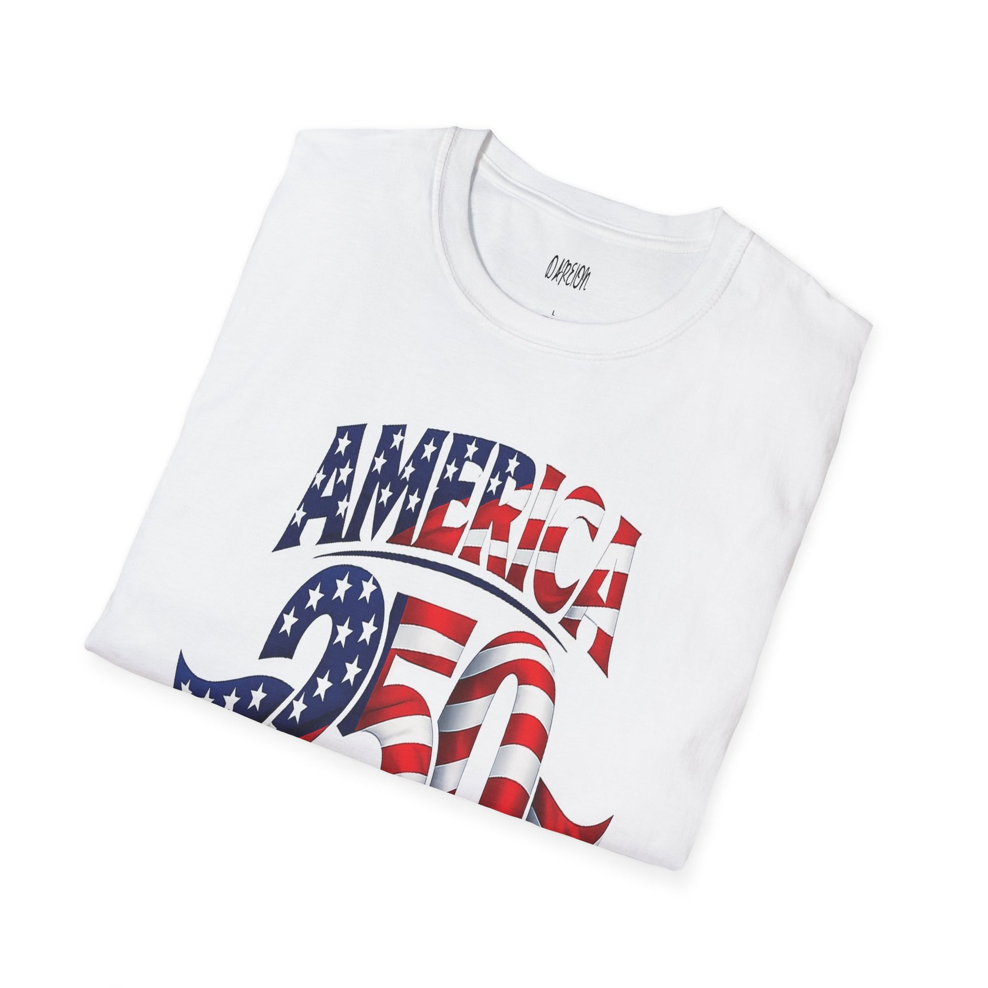 White t-shirt with 'America' and flag design on a white background
