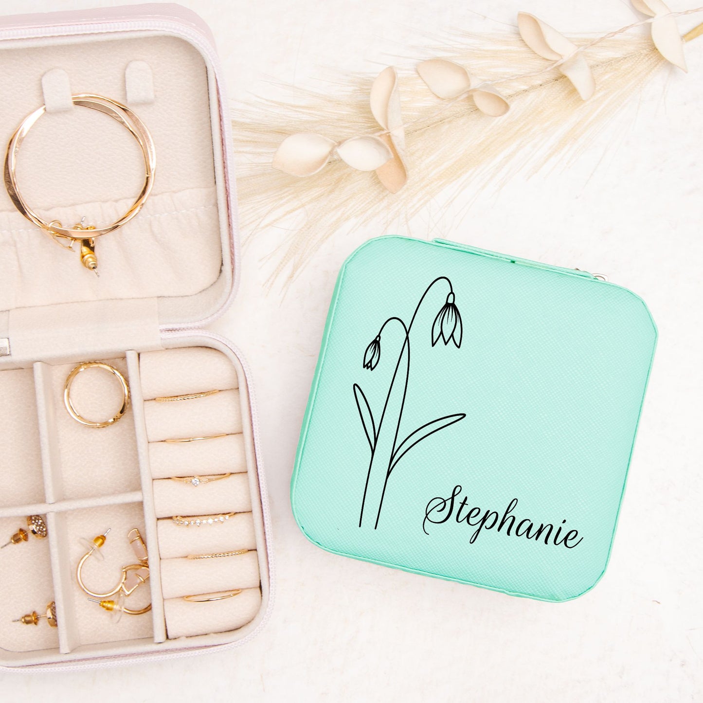 Personalized Birth Month Flower Jewelry Box with Custom Name