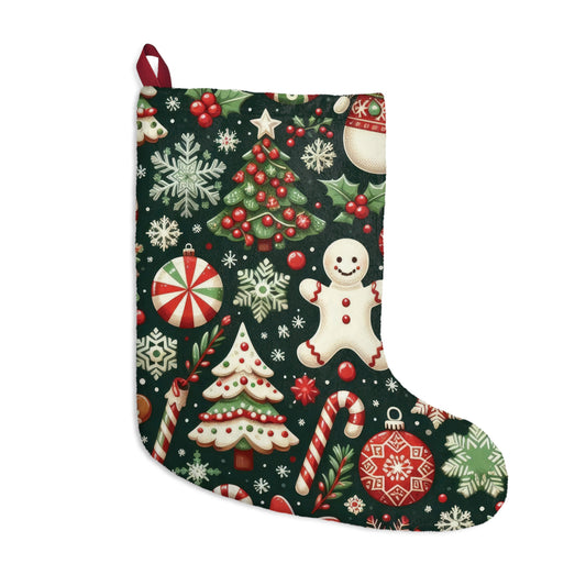 Festive Christmas Stocking with Gingerbread and Ornaments