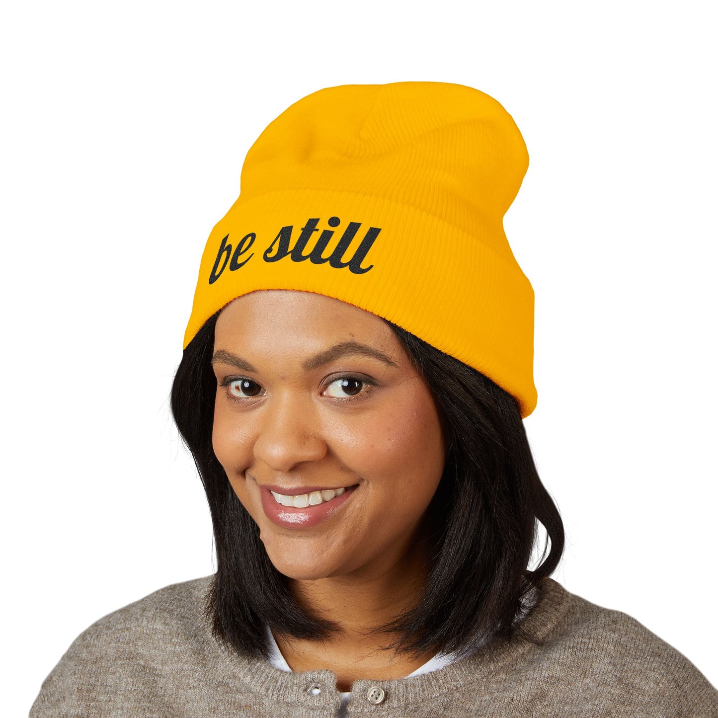 Be Still Embroidered Beanie – Minimalist Faith-Inspired Cuffed Knit Hat for Women & Men