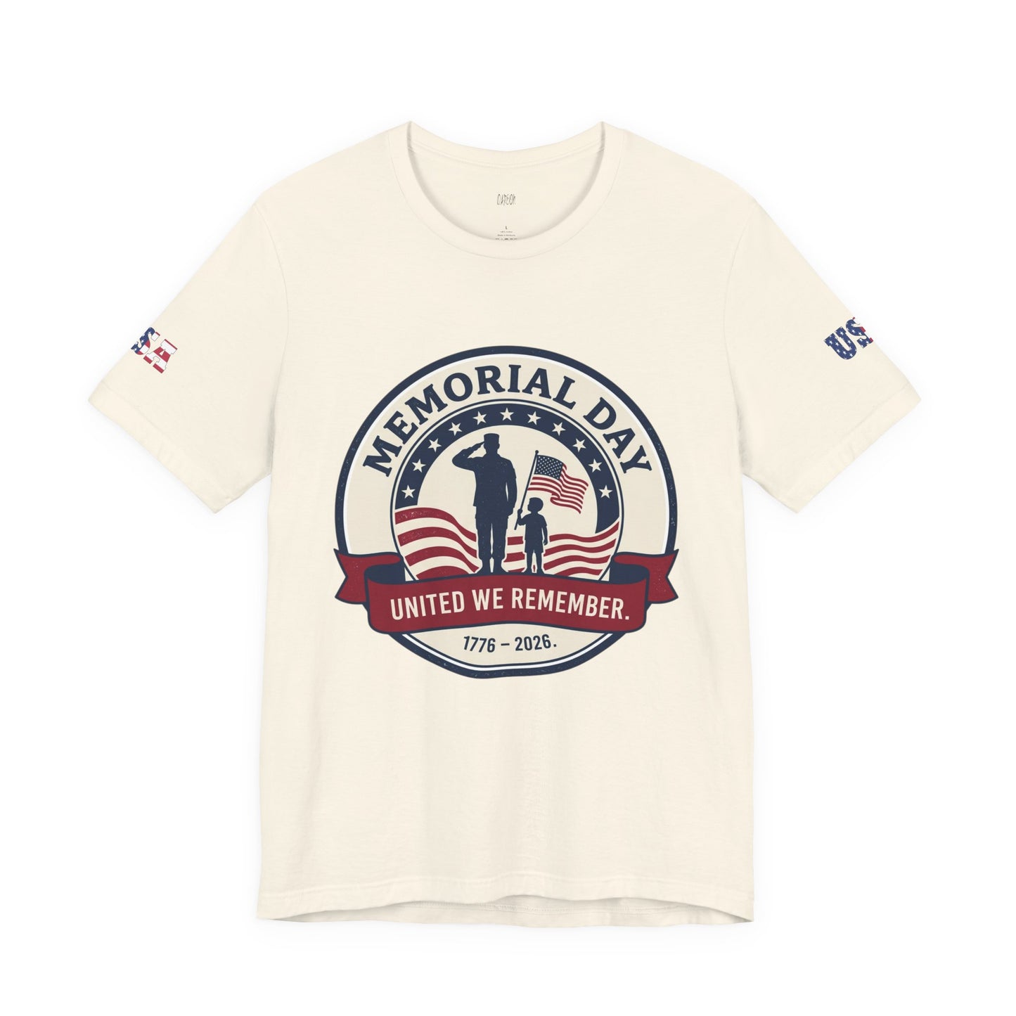 Natural t-shirt with Memorial Day design featuring a silhouette of a soldier and child, and American flag.