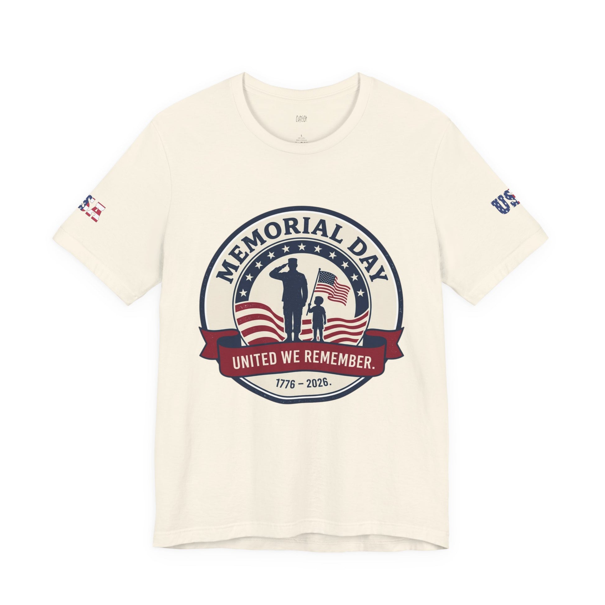 Natural t-shirt with Memorial Day design featuring a silhouette of a soldier and child, and American flag.