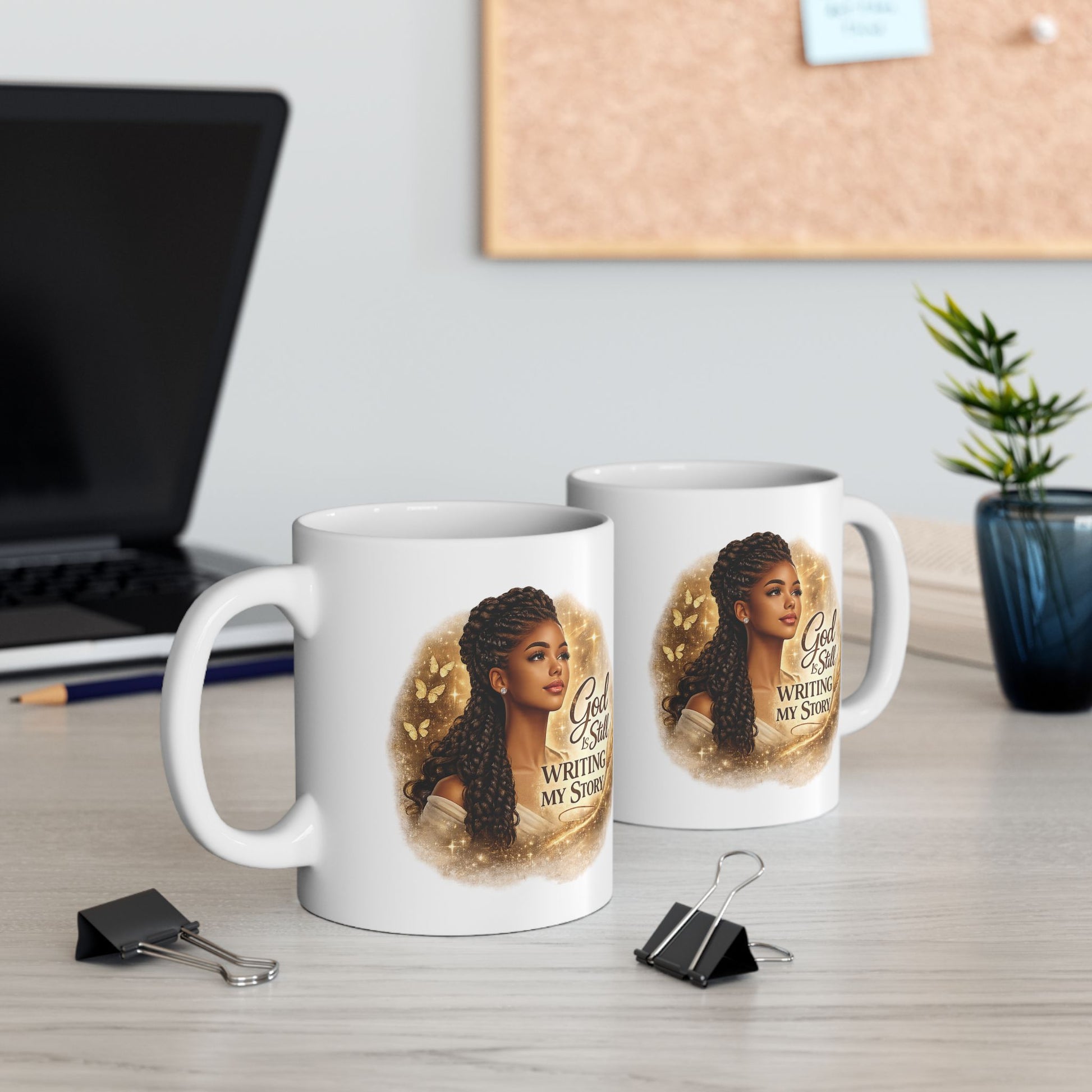 Two mugs with a woman's portrait and text on a desk with office items.
