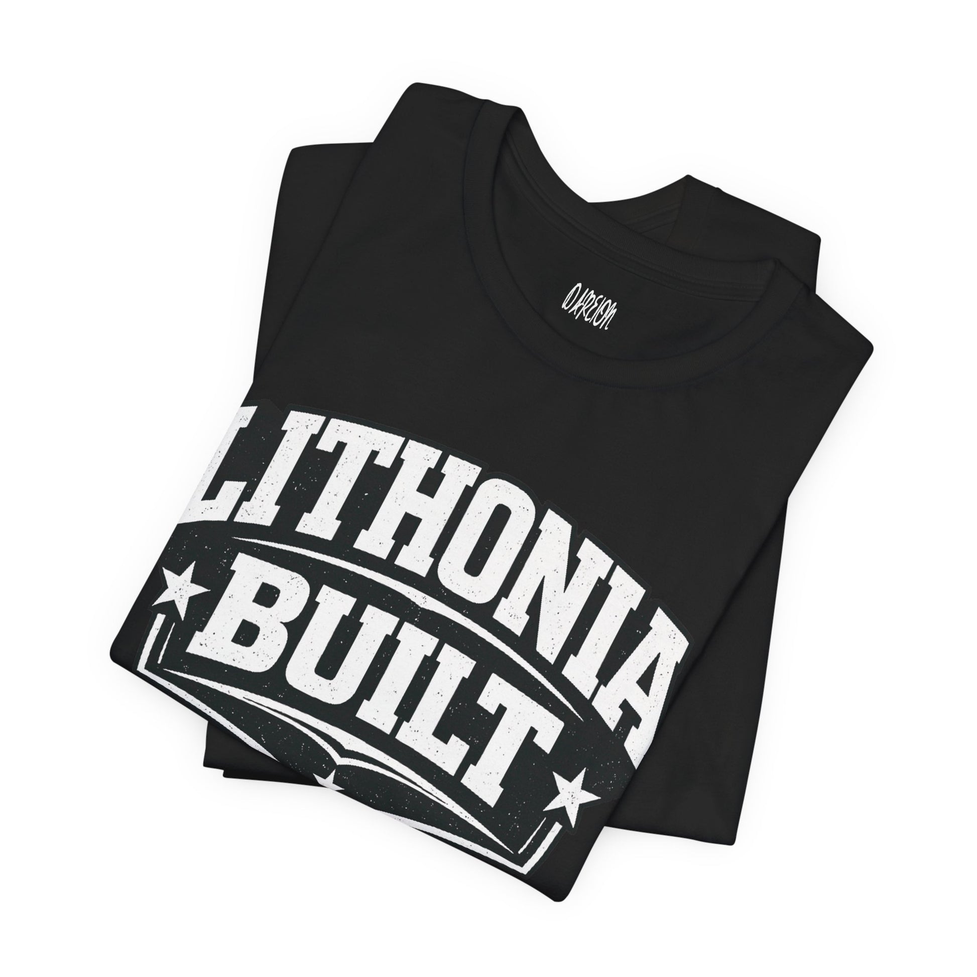 Black t-shirt with 'Lithonia Built' text on a white background
