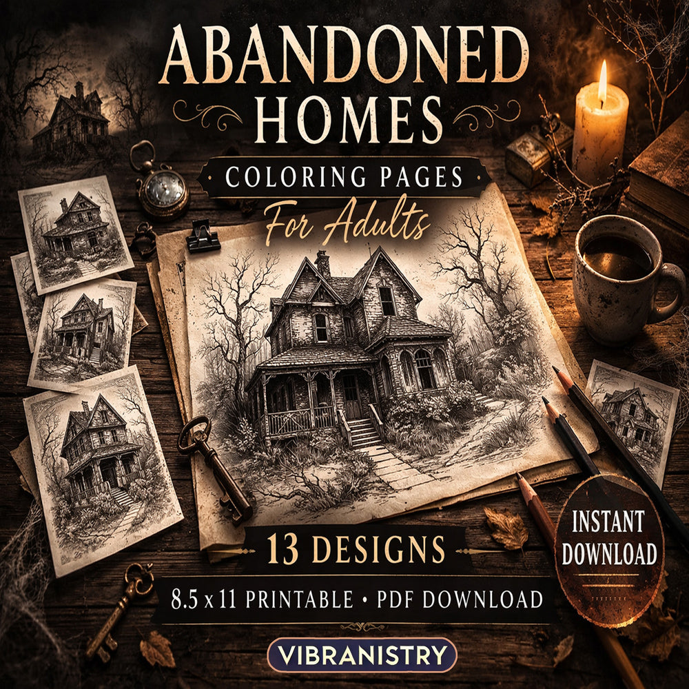 Abandoned Homes Coloring Pages for Adults | Gothic Architecture Printable PDF Coloring Pack