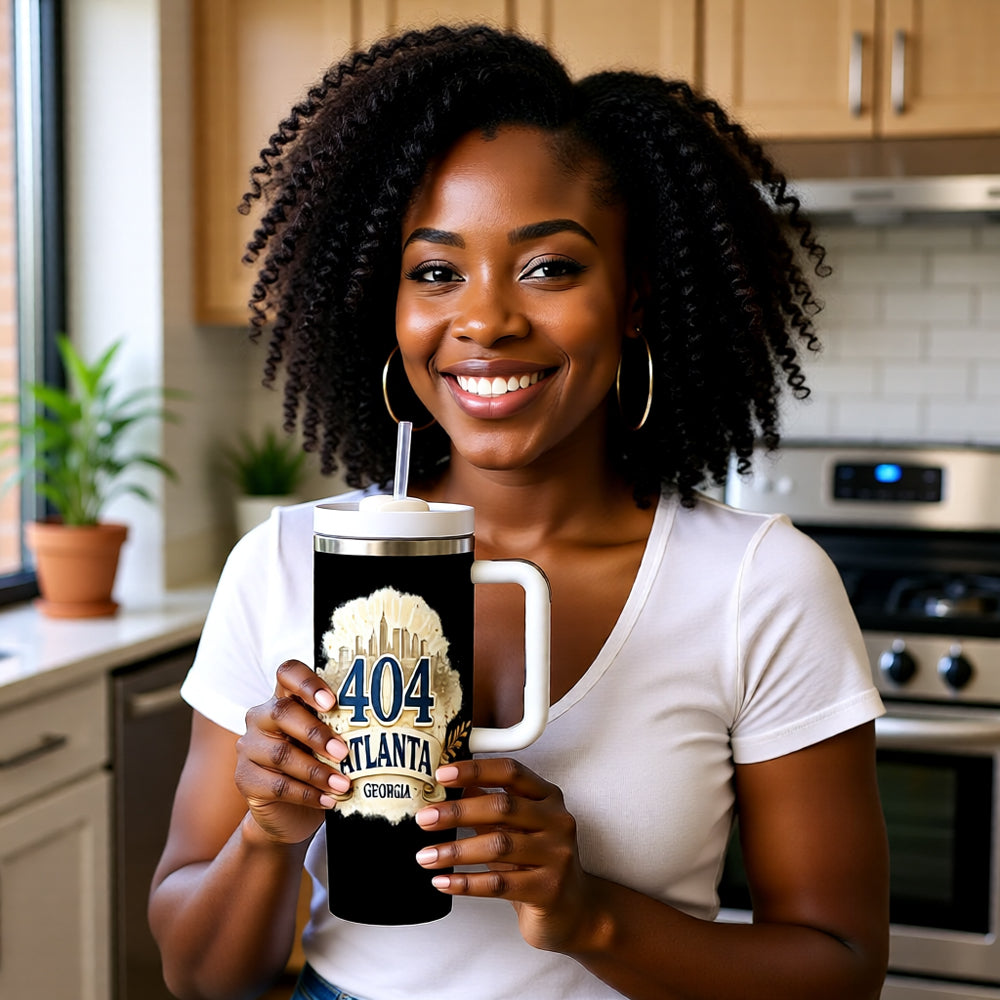 404 Atlanta GA Black 40oz Insulated Travel Tumbler with Handle | Stainless Steel Hometown Mug
