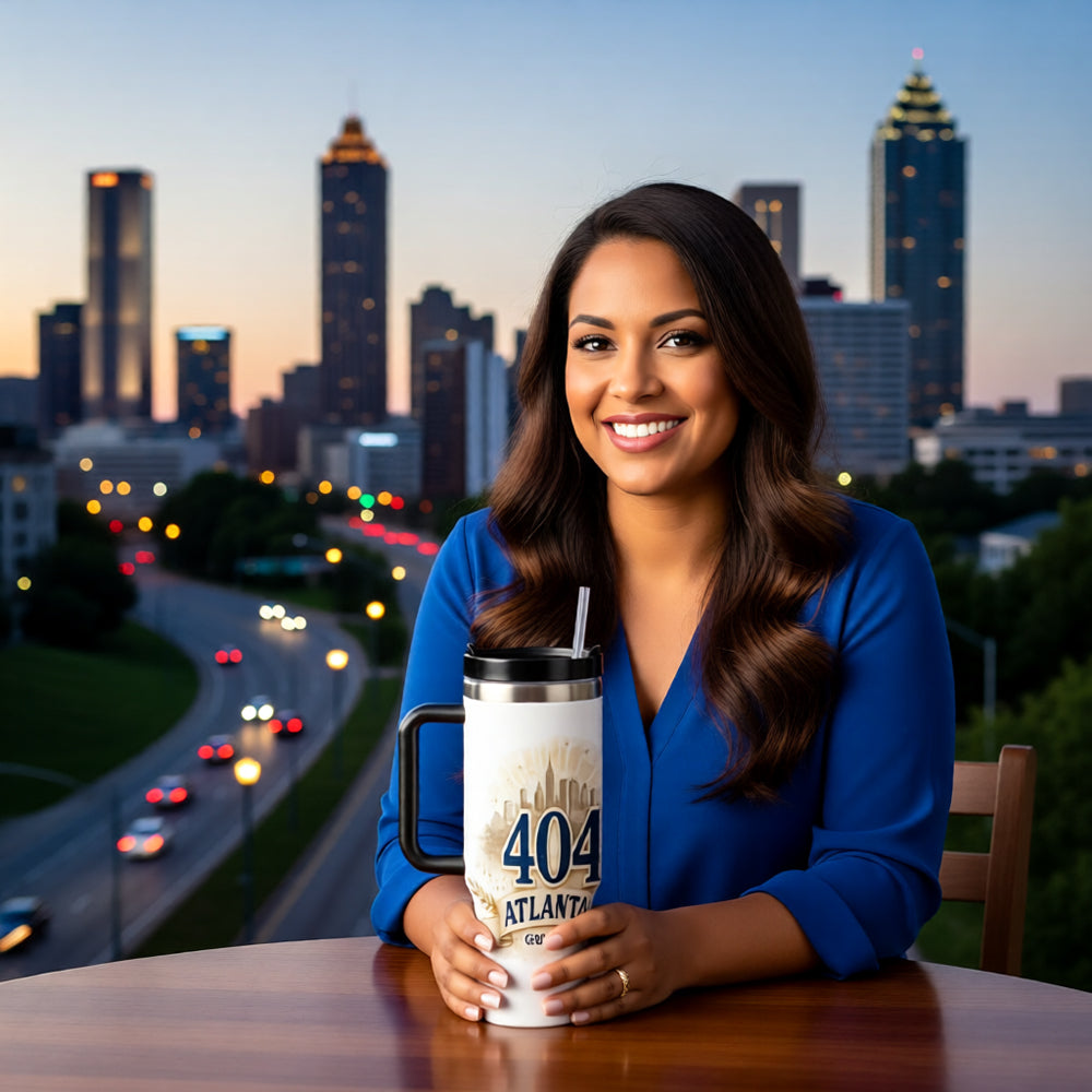 Woman holding a mug with '404 Atlanta' in front of a city skyline