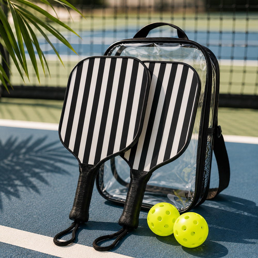 Black & White Stripe Pickleball Paddle Set with Balls & Carry Bag | Wooden Paddle Kit