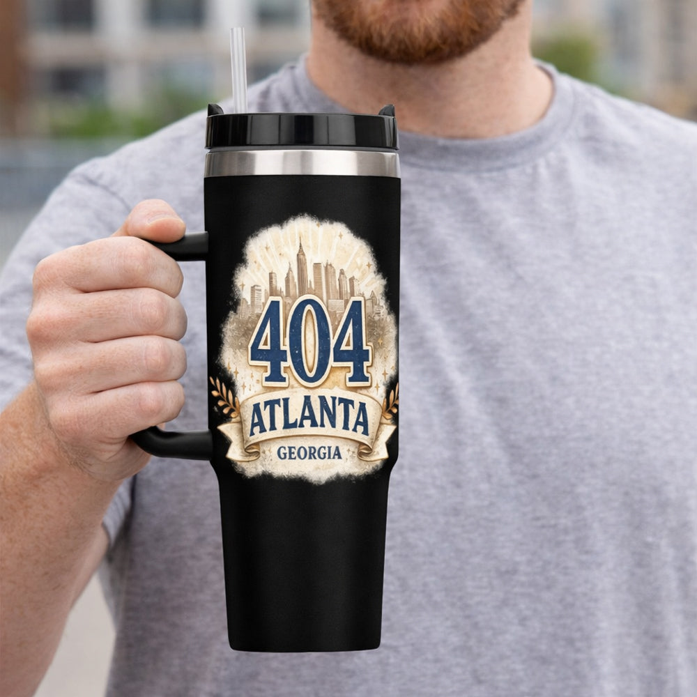 404 Atlanta GA Black 40oz Insulated Travel Tumbler with Handle | Stainless Steel Hometown Mug