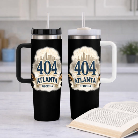 404 Atlanta GA Black 40oz Insulated Travel Tumbler with Handle | Stainless Steel Hometown Mug