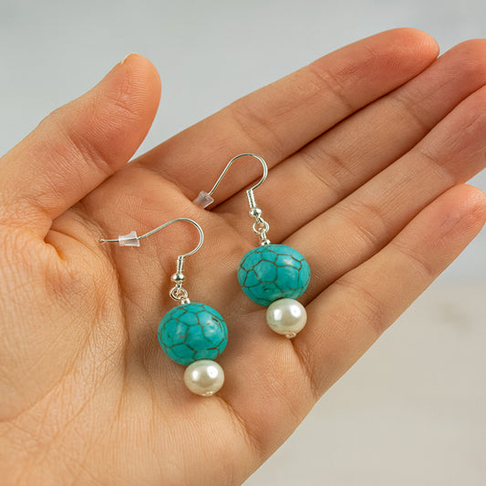 Turquoise and Pearl Dangle Earrings – Handmade Sterling Silver Jewelry Gift for Her