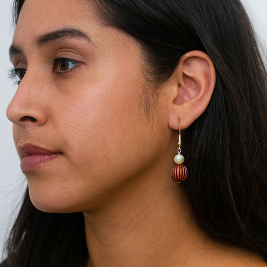 Round Pearl & Brown Beaded Dangle Earrings – Handmade Earth-Toned Drop Jewelry Gift for Her