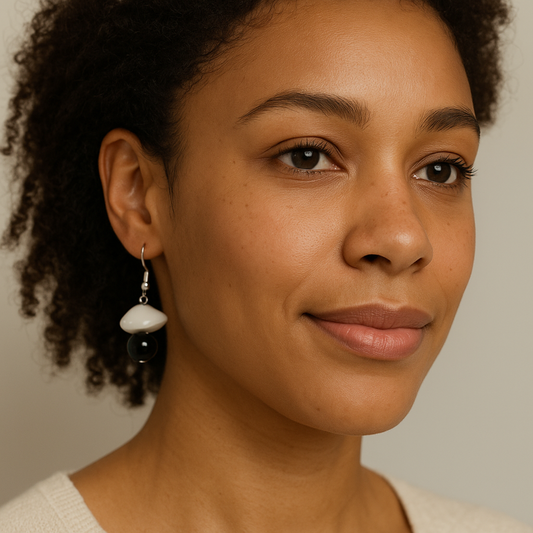 White Nugget & Black Bead Dangle Earrings – One-of-a-Kind Artisan Jewelry Gift for Her